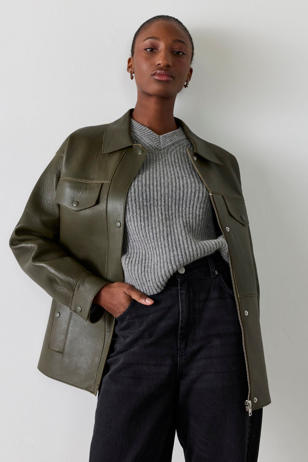 Khaki Clean Bonded Leather Jacket