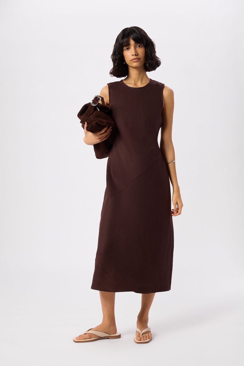 Brown Bias Cut Linen Dress