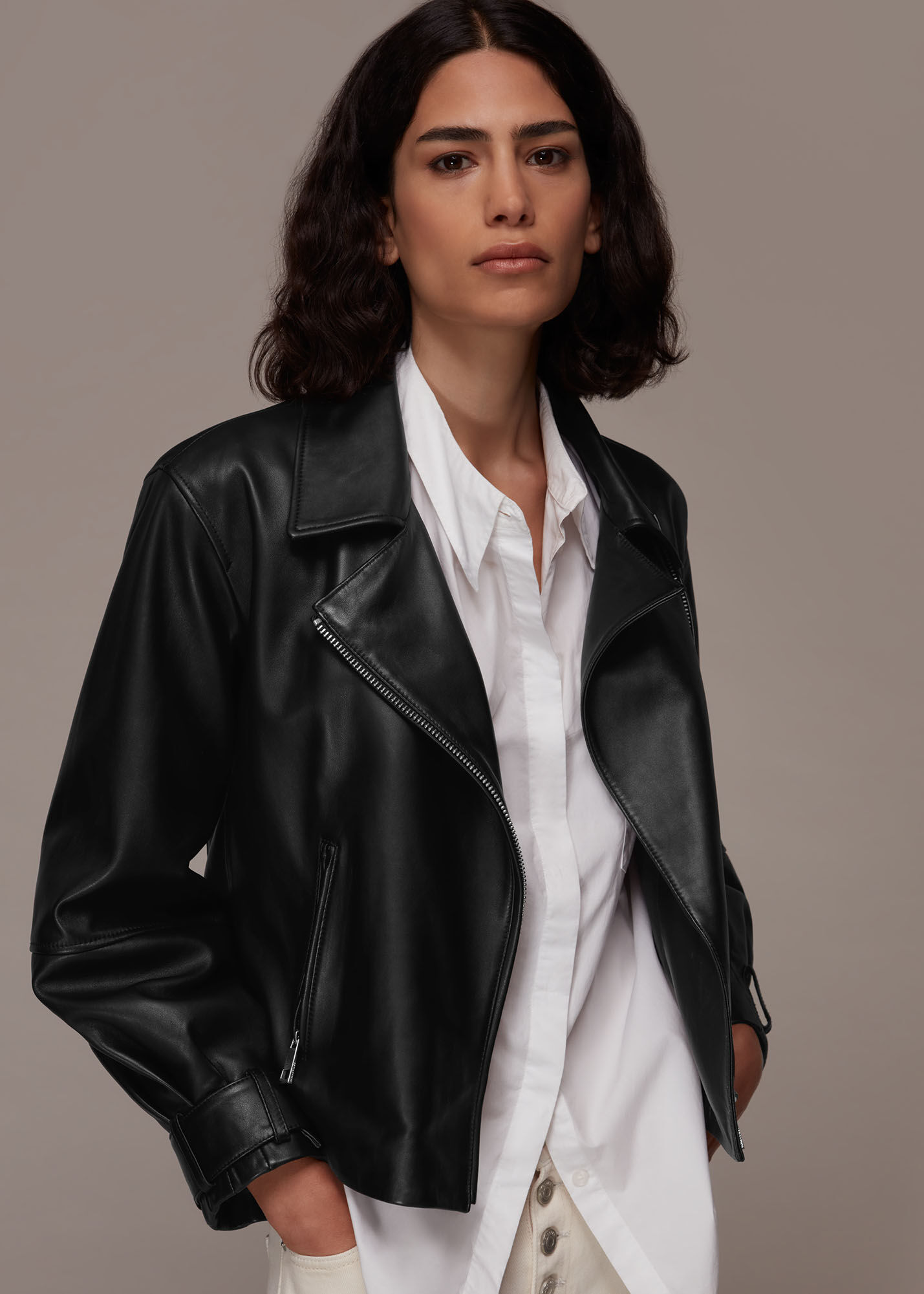 womens black jacket with leather sleeves