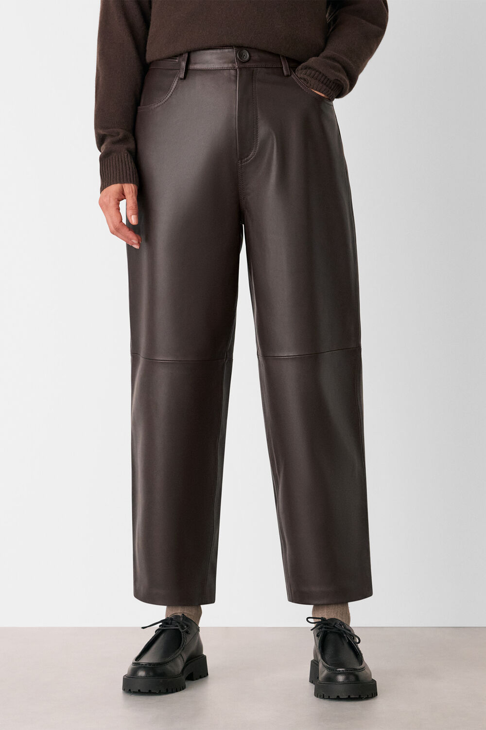 Brown Leather Barrel Leg Trouser