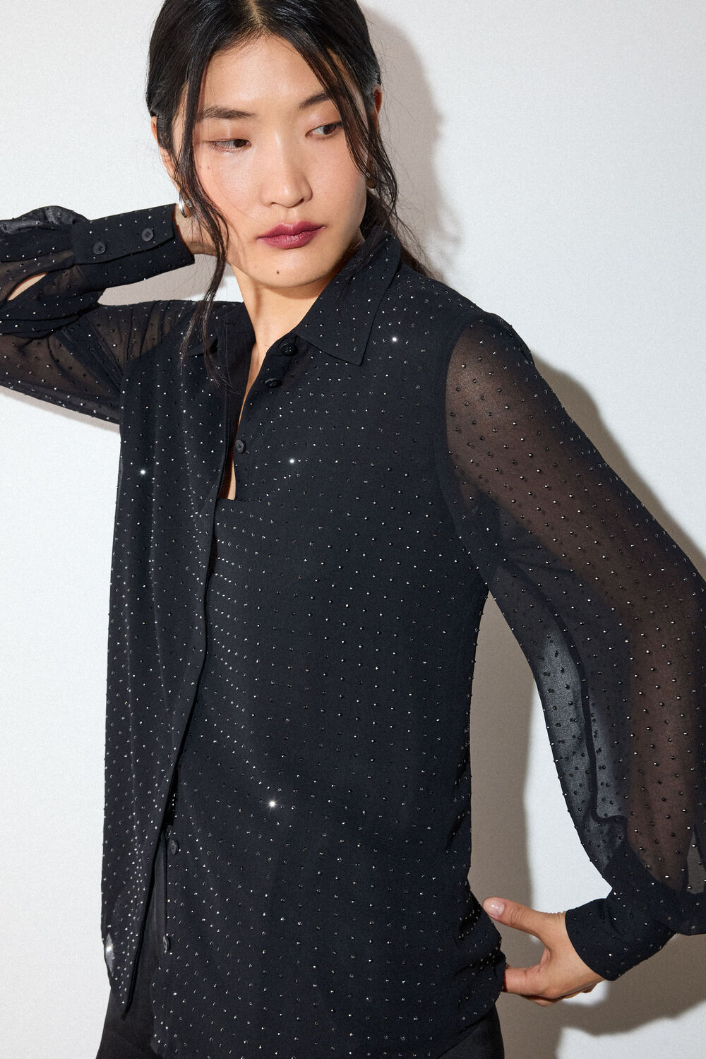 Black Hot Fix Sheer Shirt