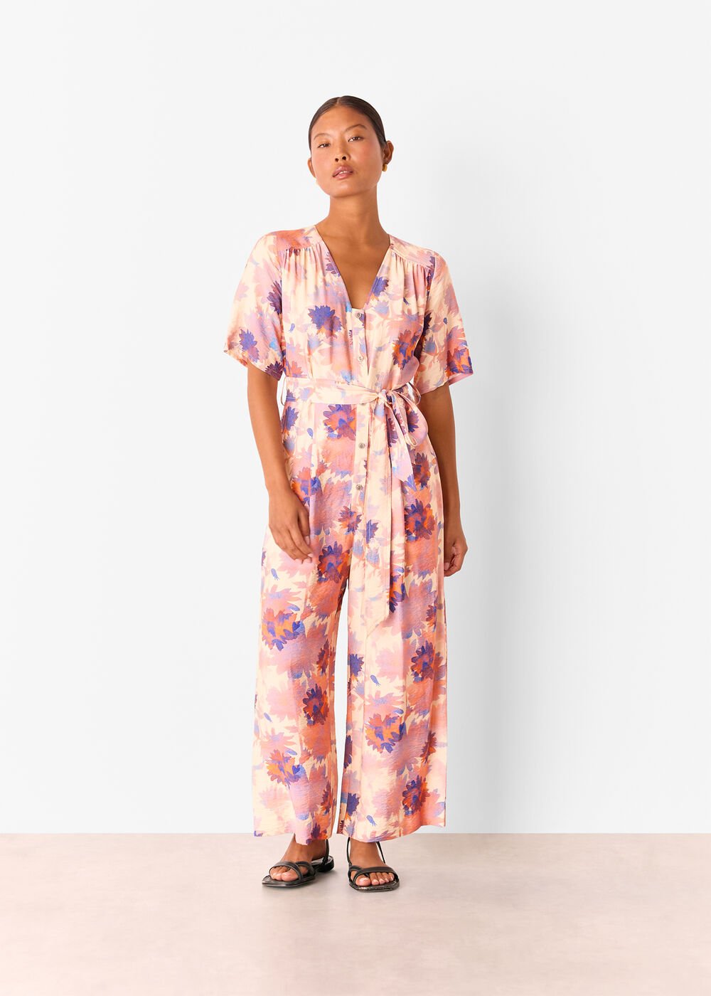 Petite Floral Button Front Jumpsuit