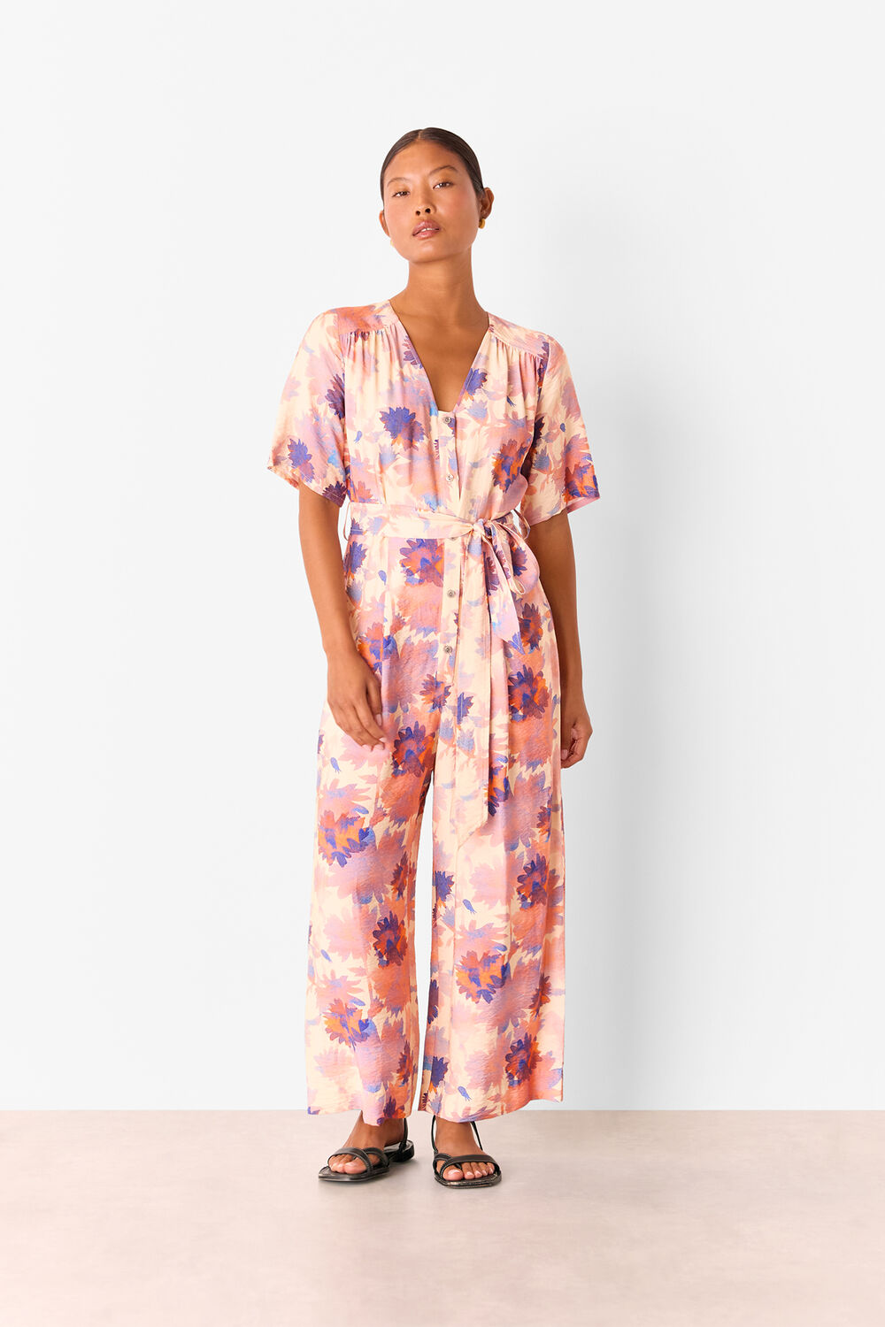 Pink Petite Floral Button Front Jumpsuit