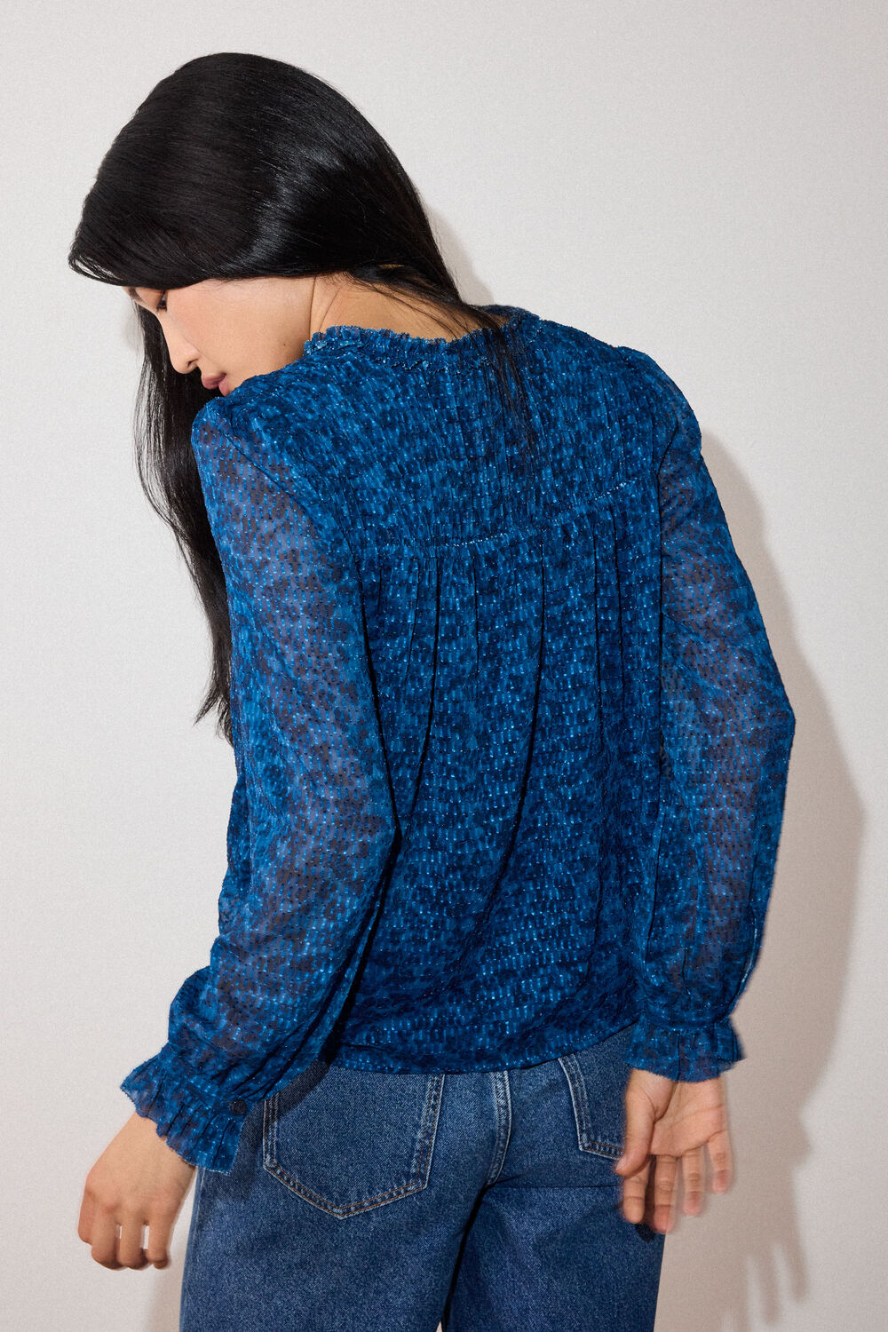 Blue Floral Textured V Neck Blouse