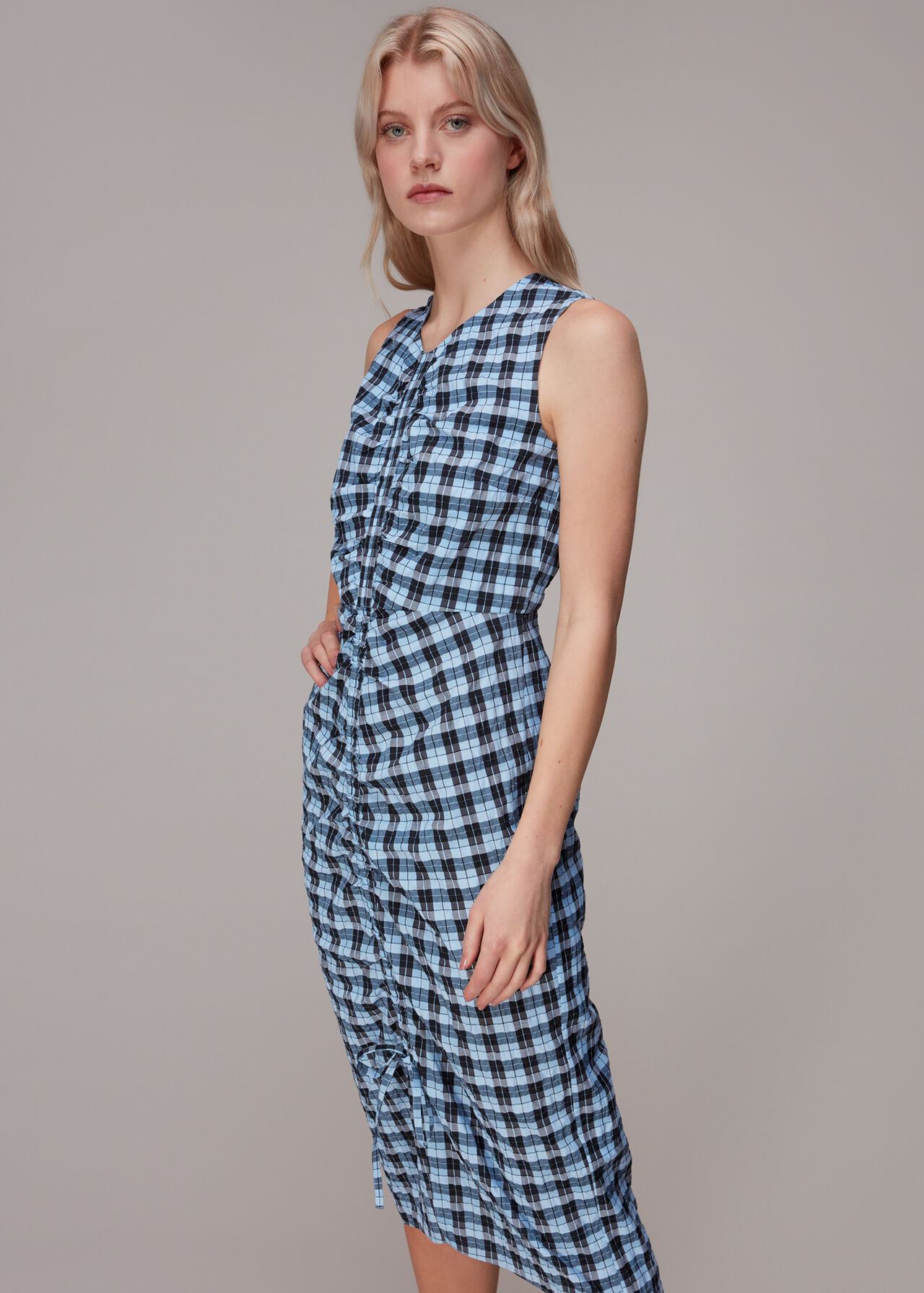 Blue/Multi Ruched Gingham Midi Dress | WHISTLES