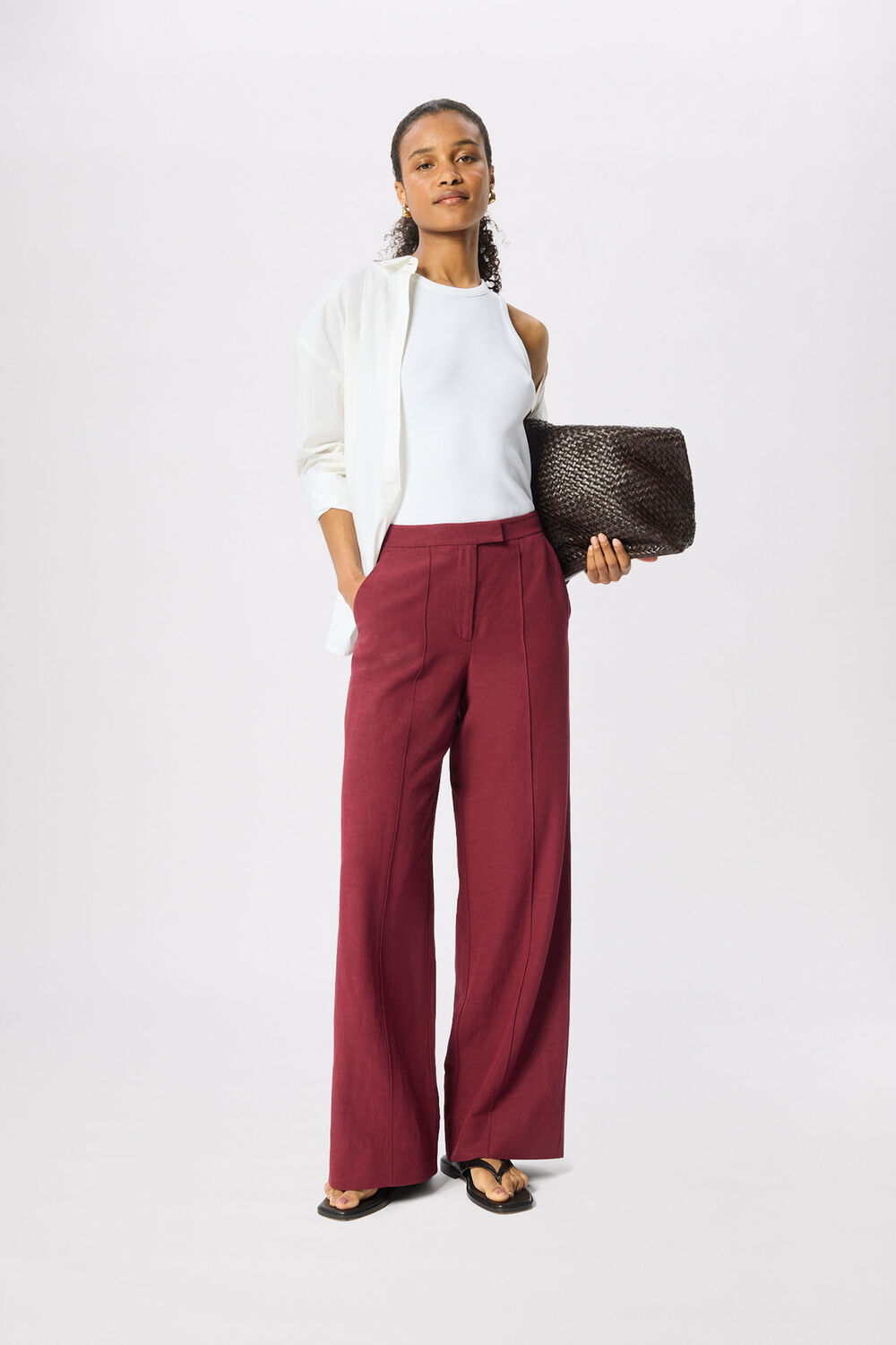 Burgundy Petite Linen Blend Pintuck Trouser