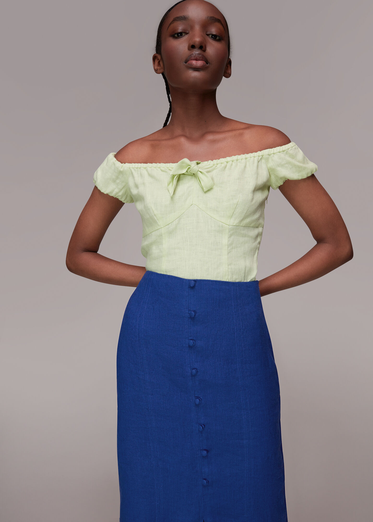 Blue Button Front Linen Skirt WHISTLES