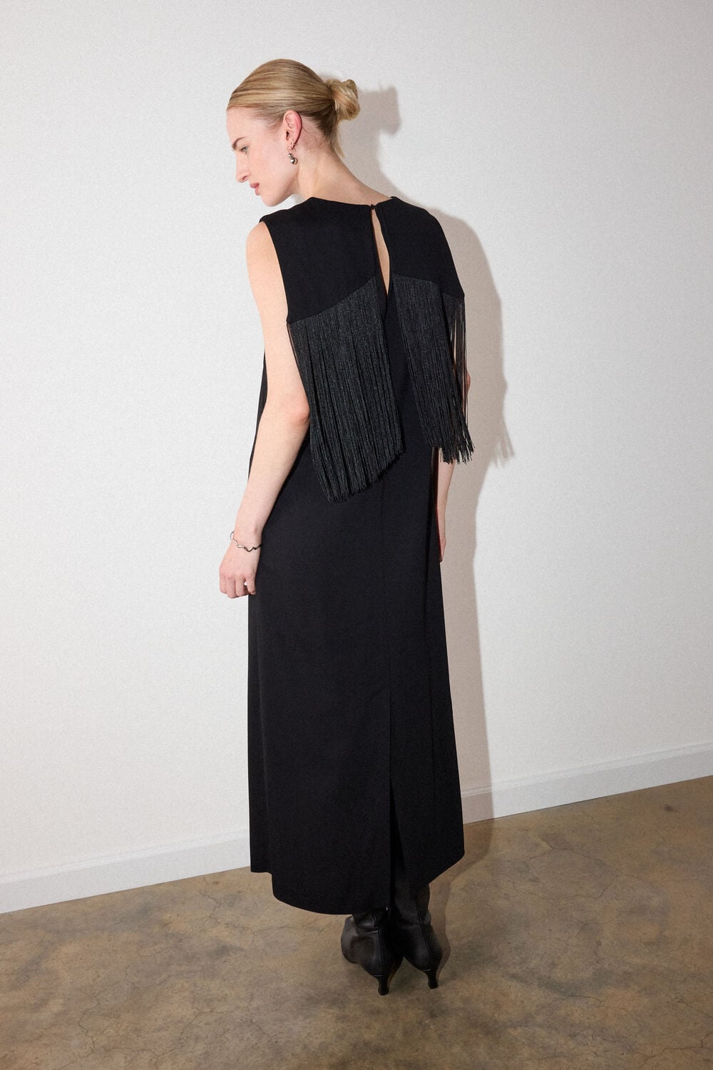 Black Fringe Back Midi Dress