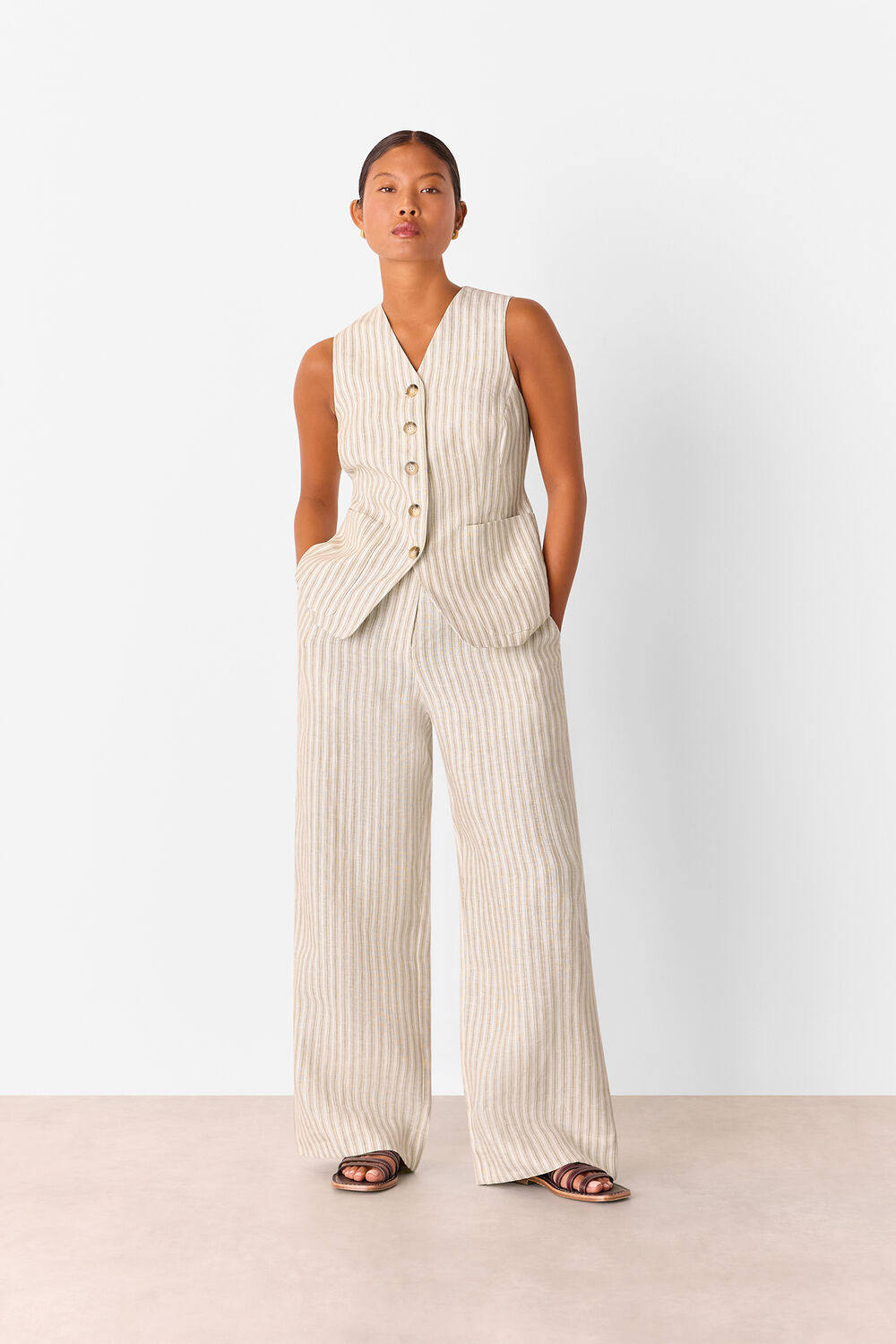 Neutral Petite Linen Stripe Waistcoat
