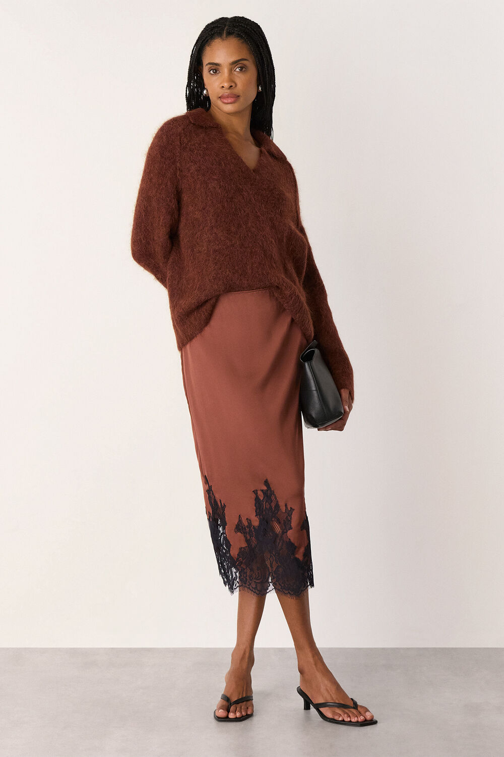 Brown Lace Hem Satin Midi Skirt