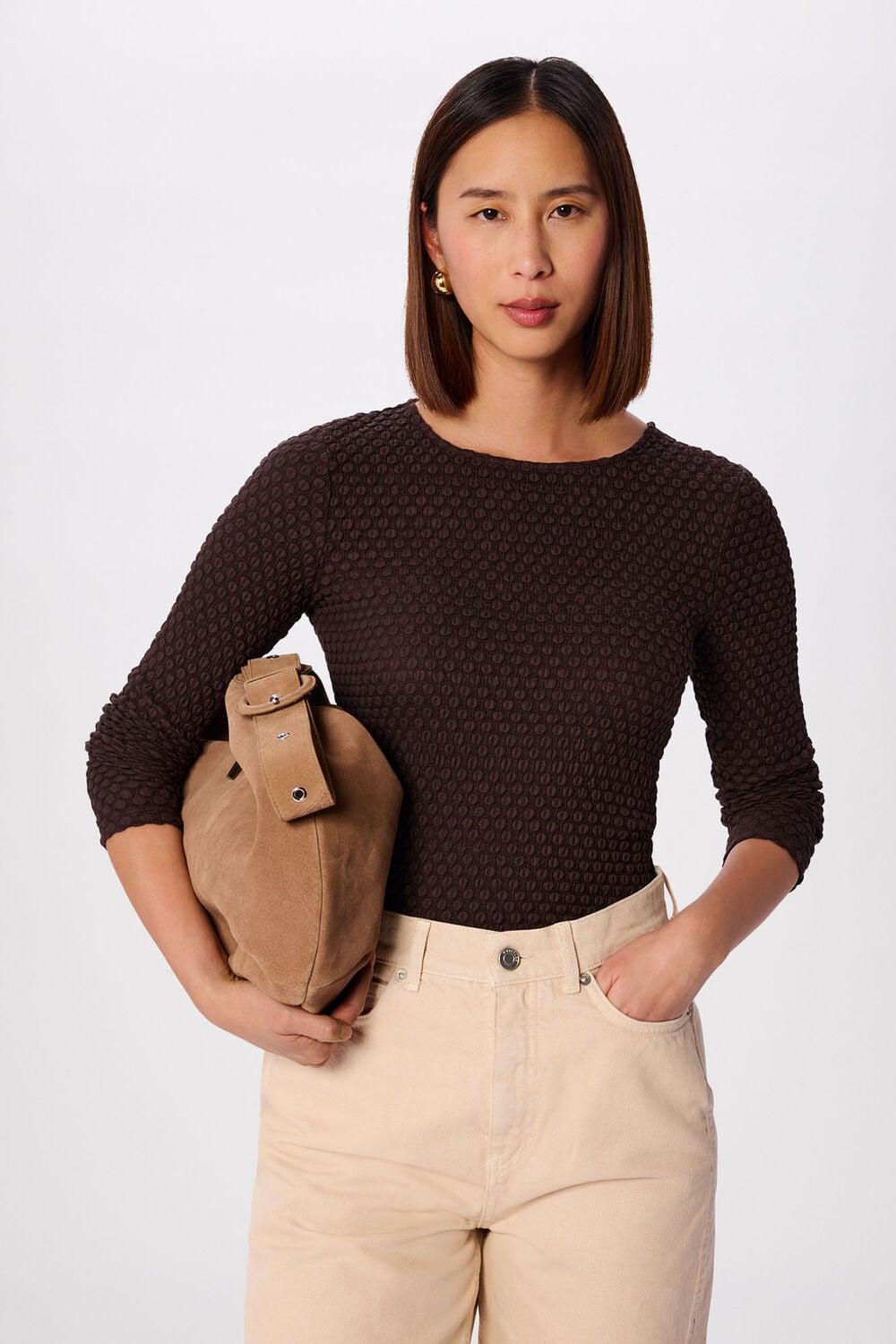 Brown Textured Circle Jersey Top