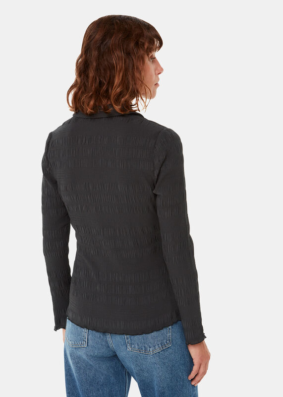 Black Plisse Button Front Shirt