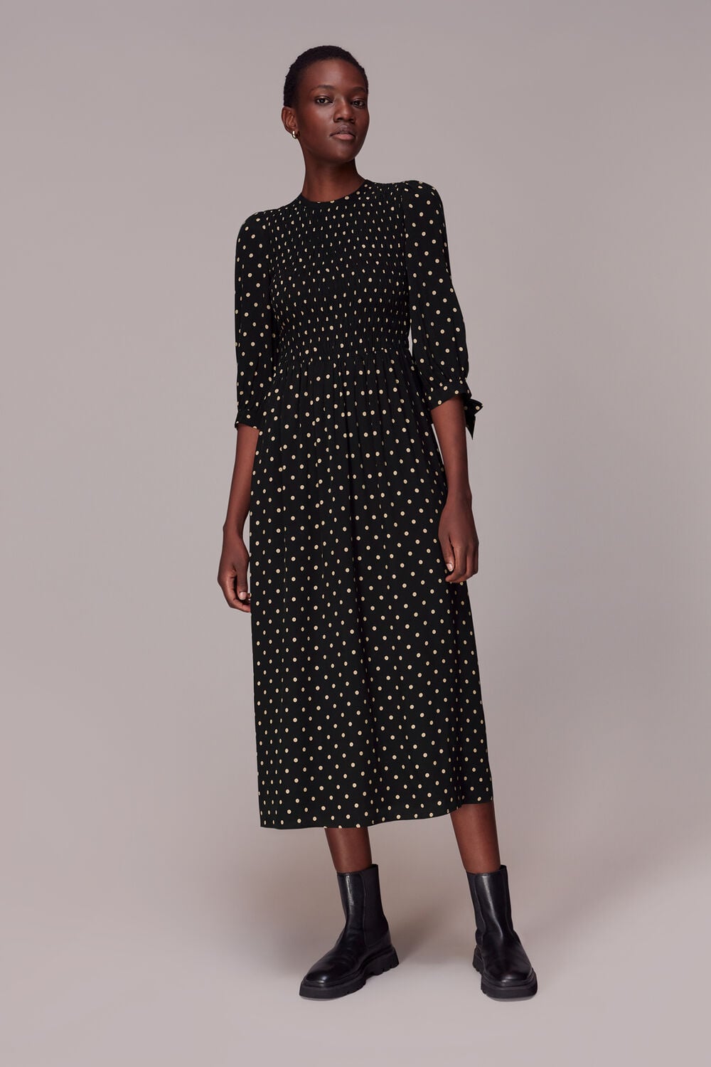 Black Shirred Spot Midi Dress