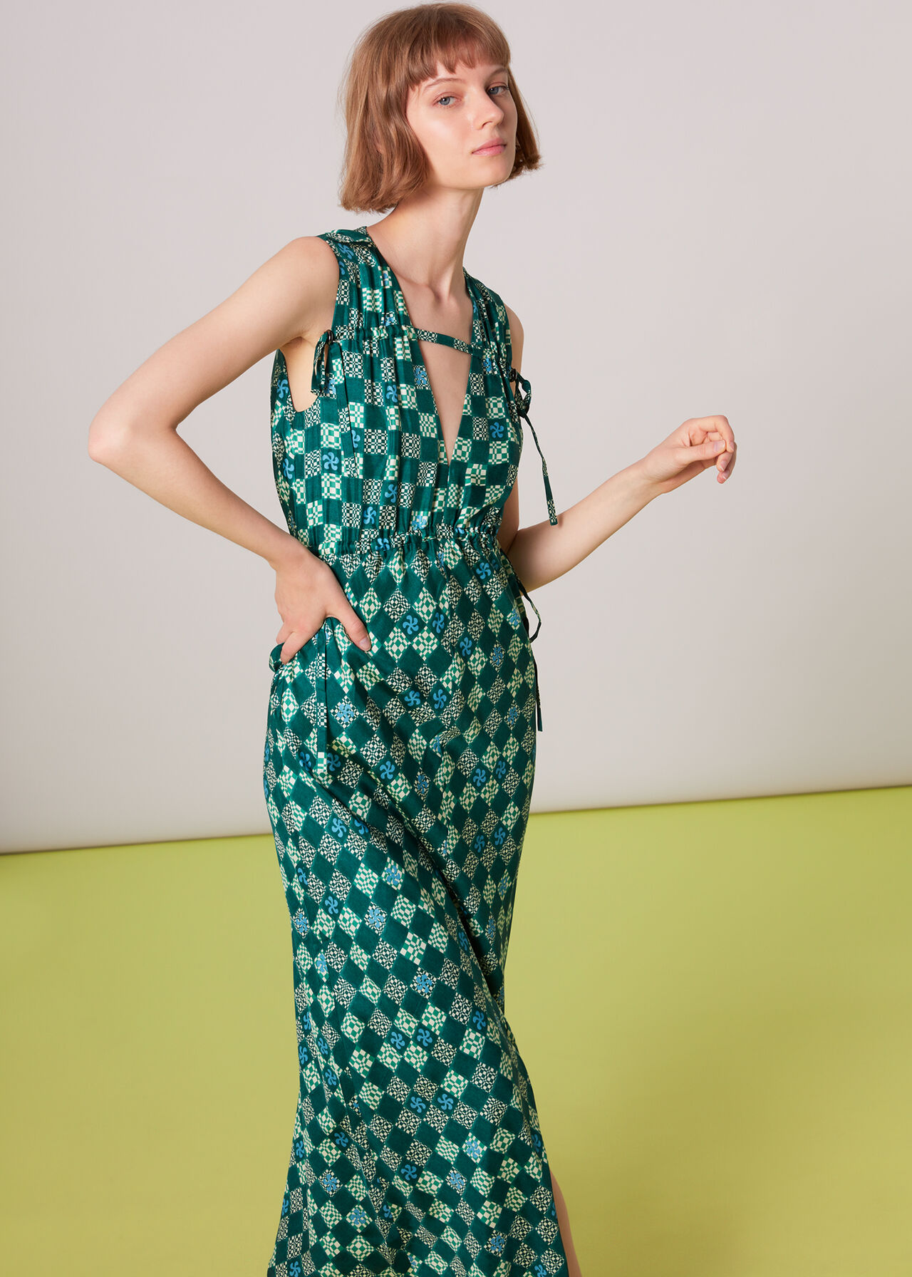 Green/Multi Silk Checkerboard Dress | WHISTLES