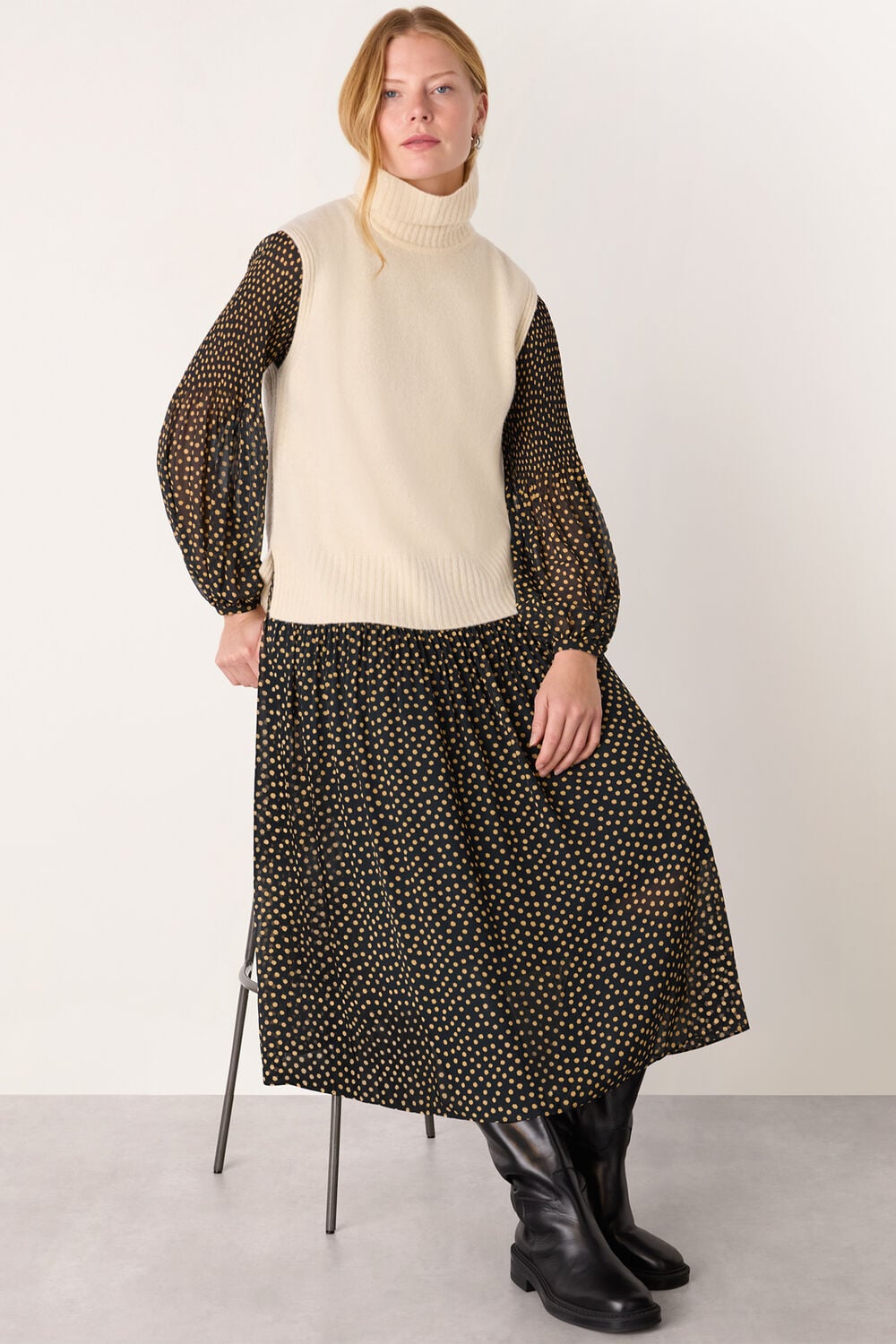 Black Spot Print Plisse Midi Dress