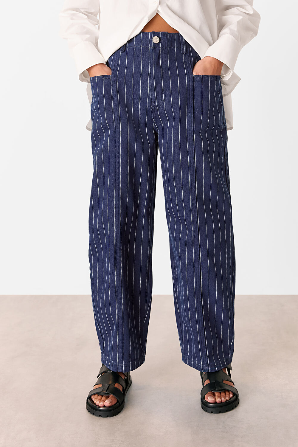 Navy Petite Pinstripe Barrel Leg Jean