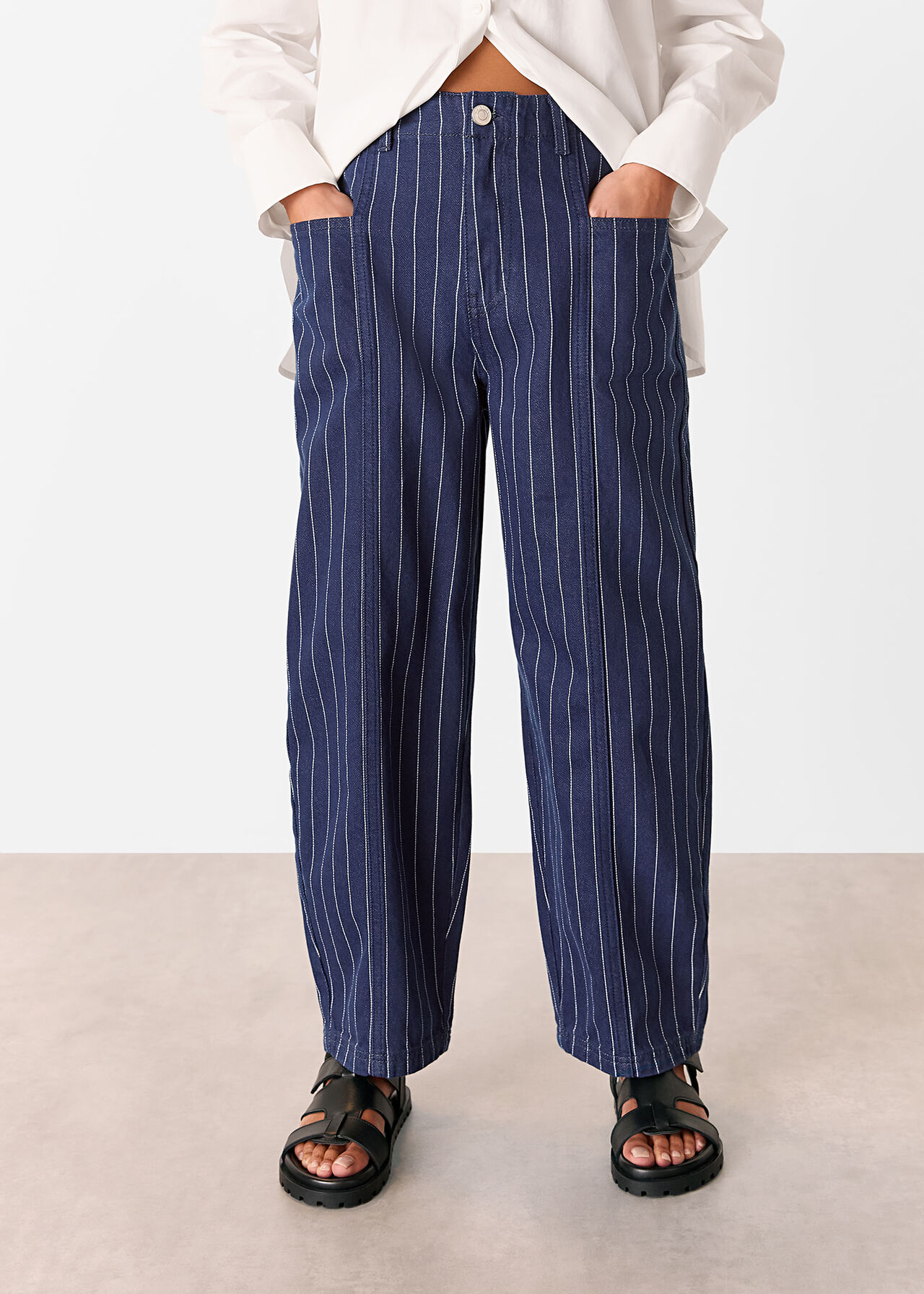 Petite Pinstripe Barrel Leg Jean