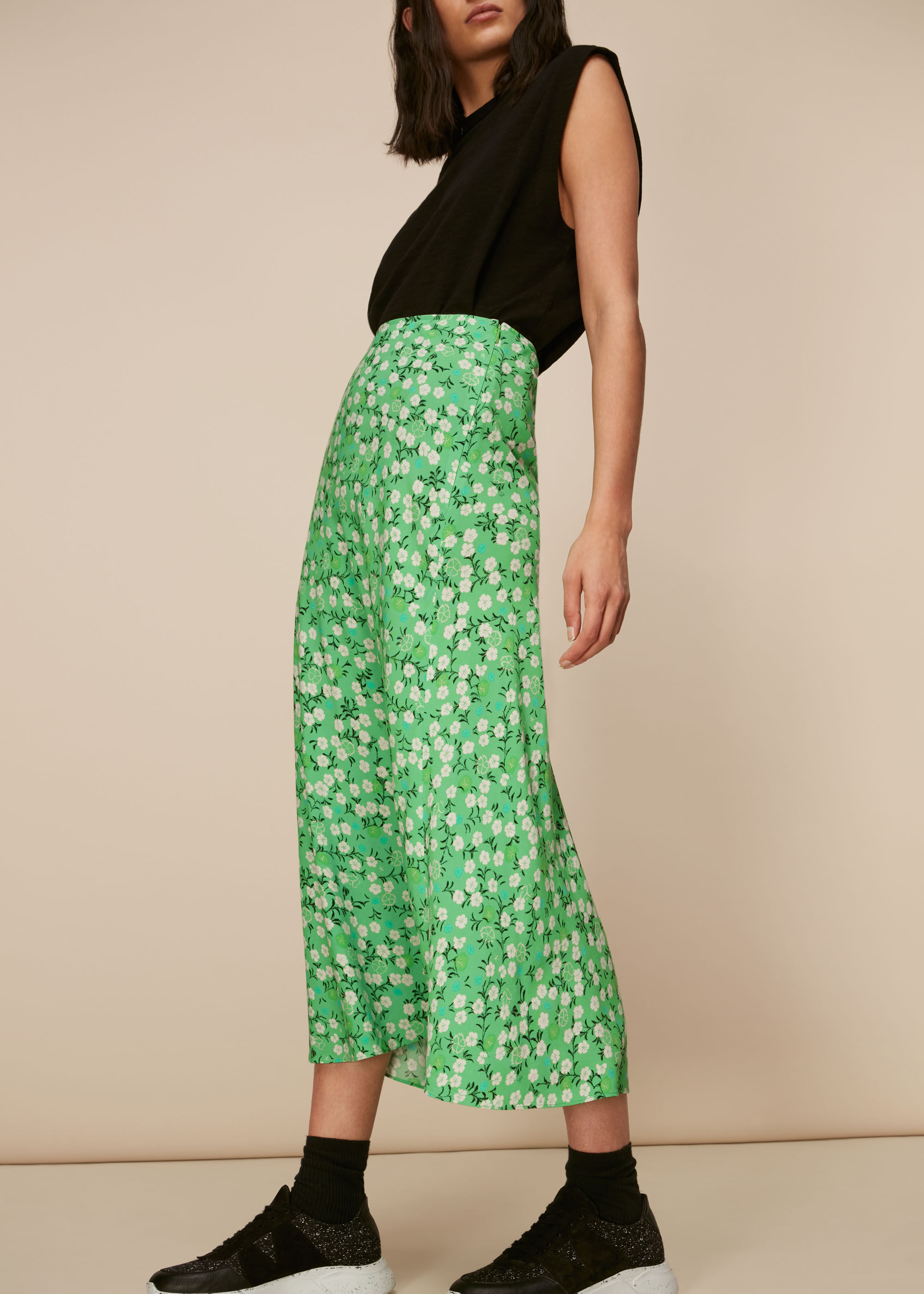 Green/Multi Cherry Blossom Bias Cut Skirt | WHISTLES | Whistles US |