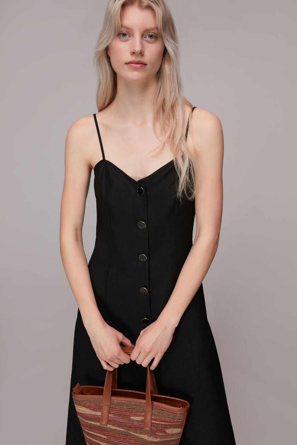 Black Ava Button Linen Mix Dress