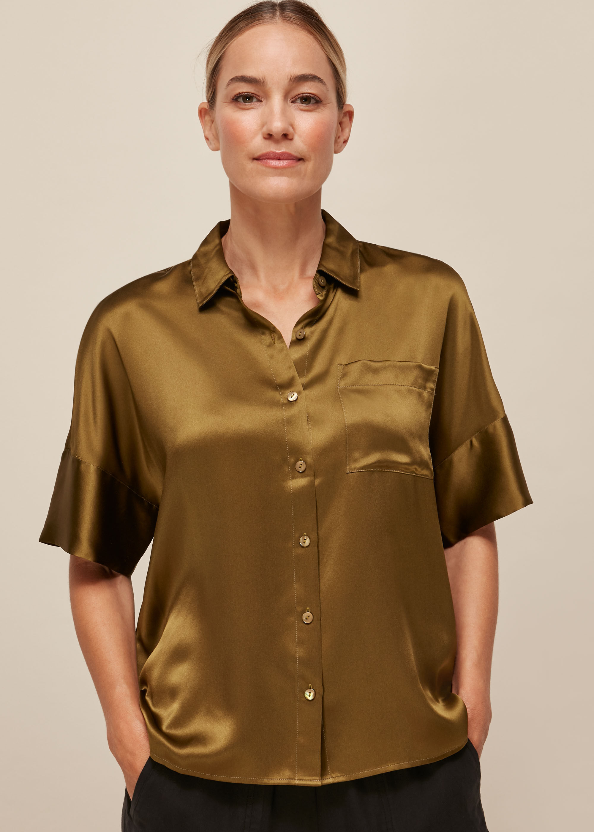 Olive Relaxed Silk Satin Shirt | WHISTLES |