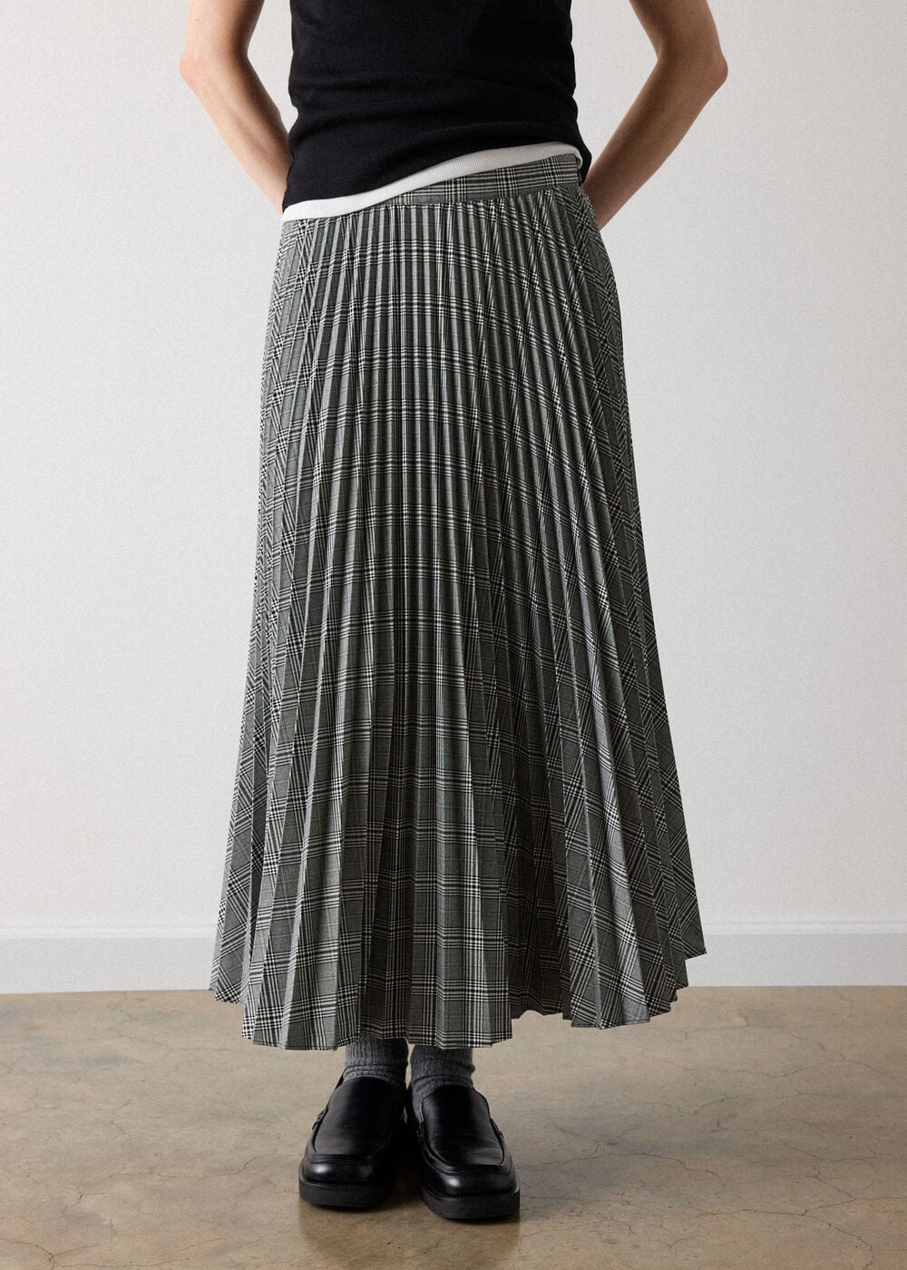 Check Pleated Midi Skirt