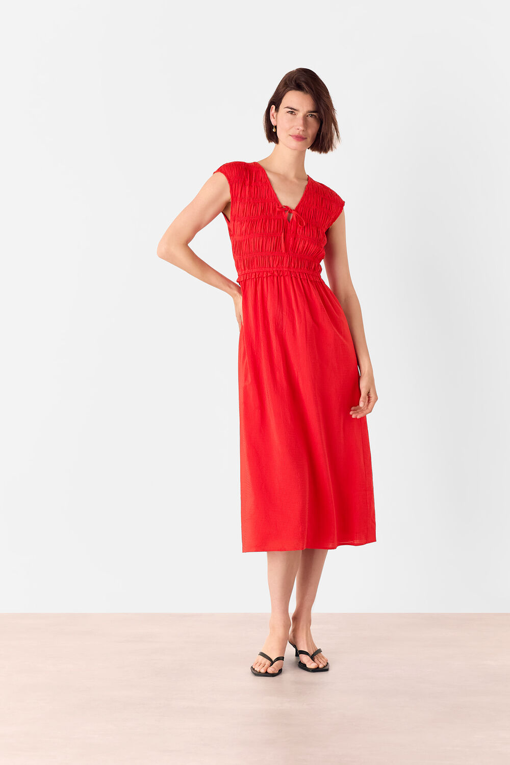 Red Shirred Bodice V Neck Dress