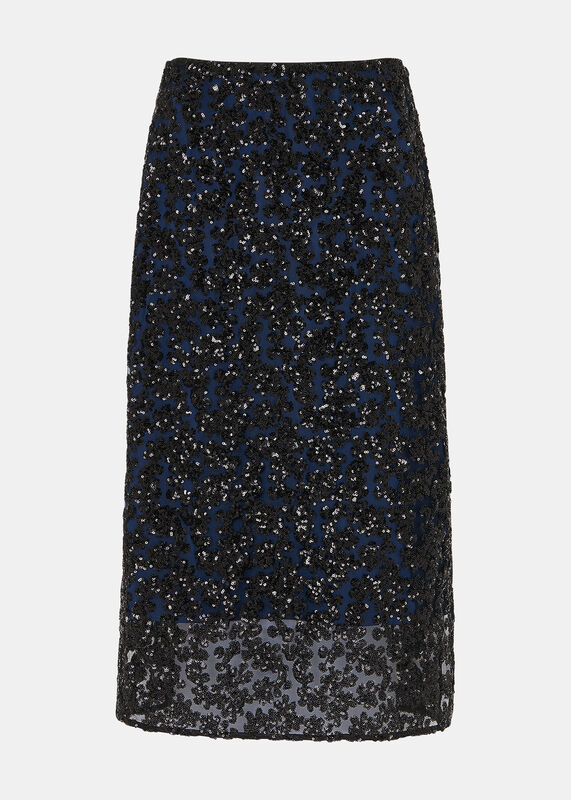 Black Floral Sequin Midi Skirt