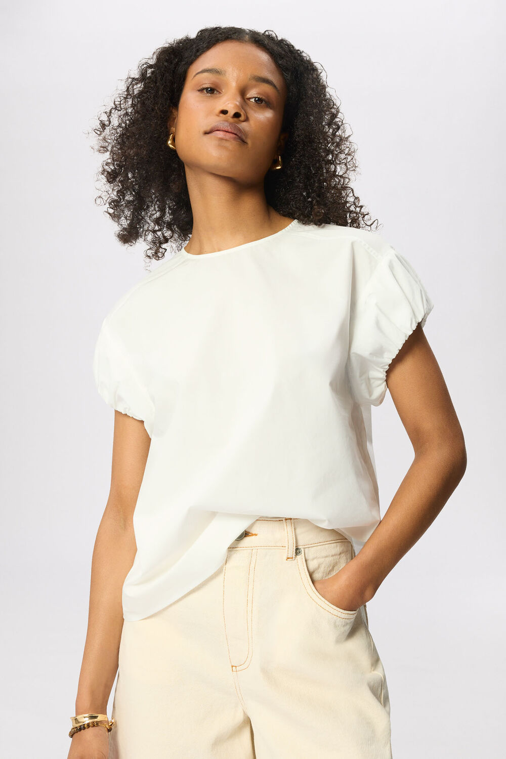 White Puff Sleeve Cotton Poplin Tee