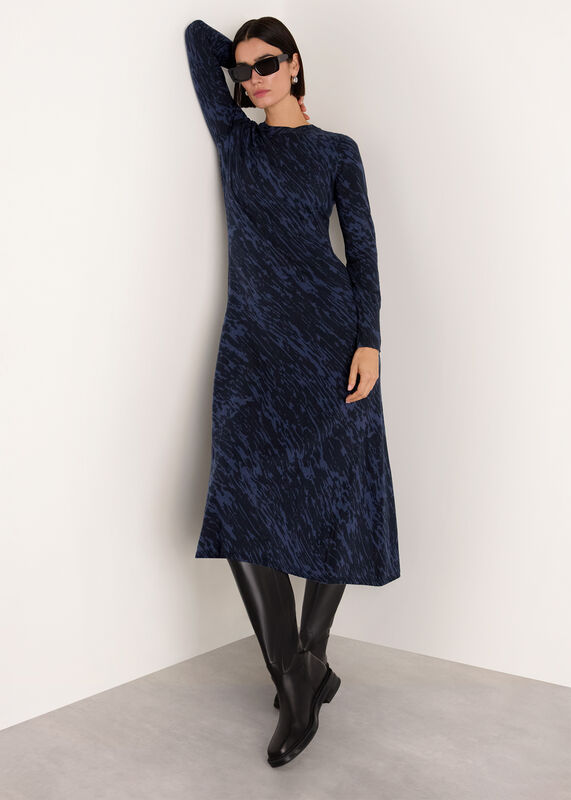 Blue Abstract Marks Midi Knit Dress