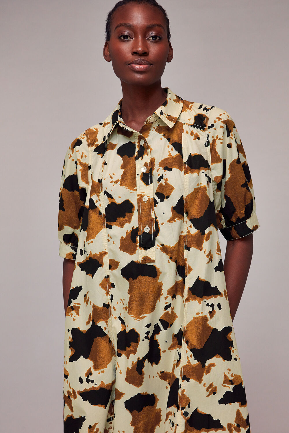 Brown Cow Print Shirt Dress