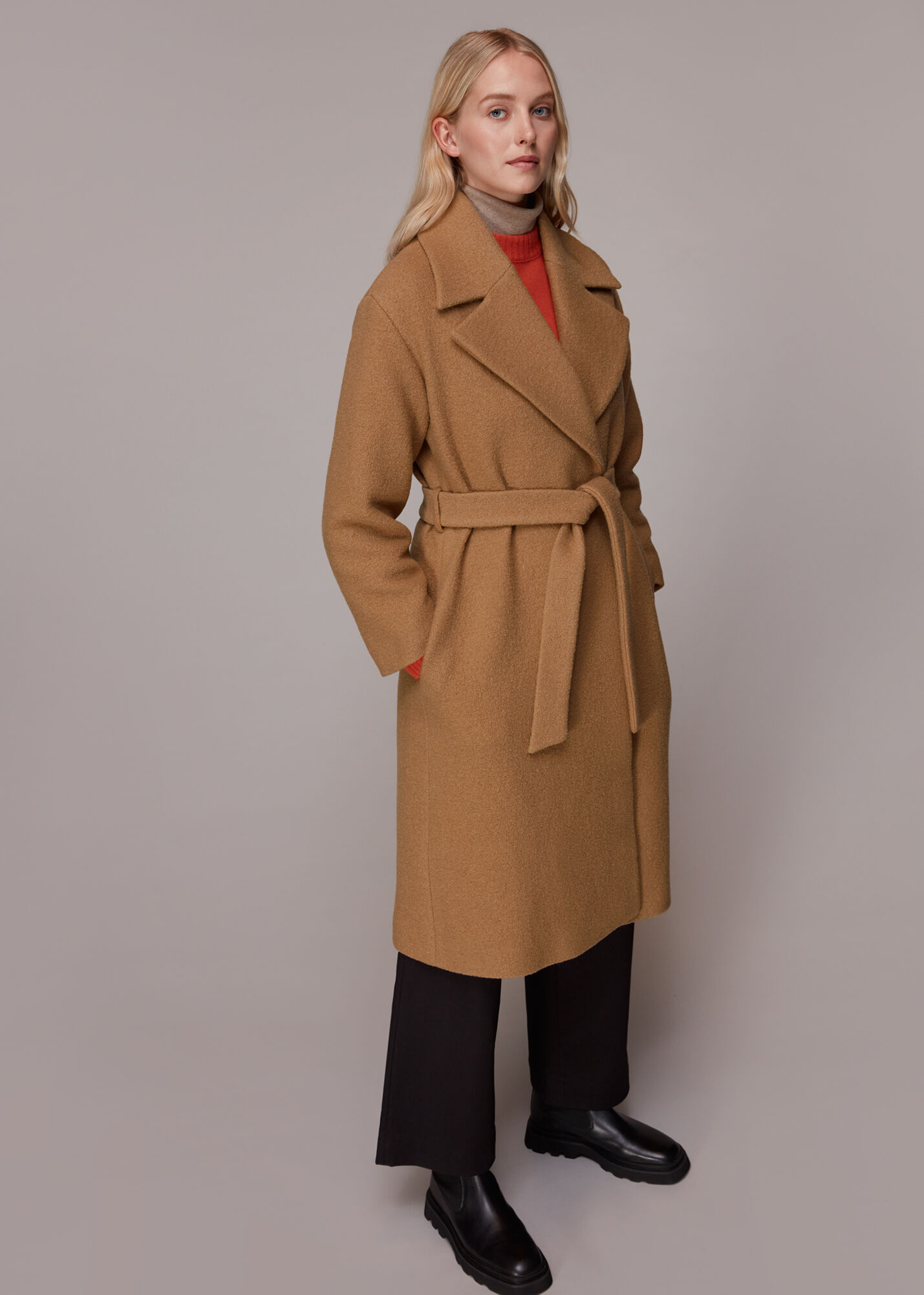 Camel Lorna Wrap Wool Coat | WHISTLES | Whistles US |
