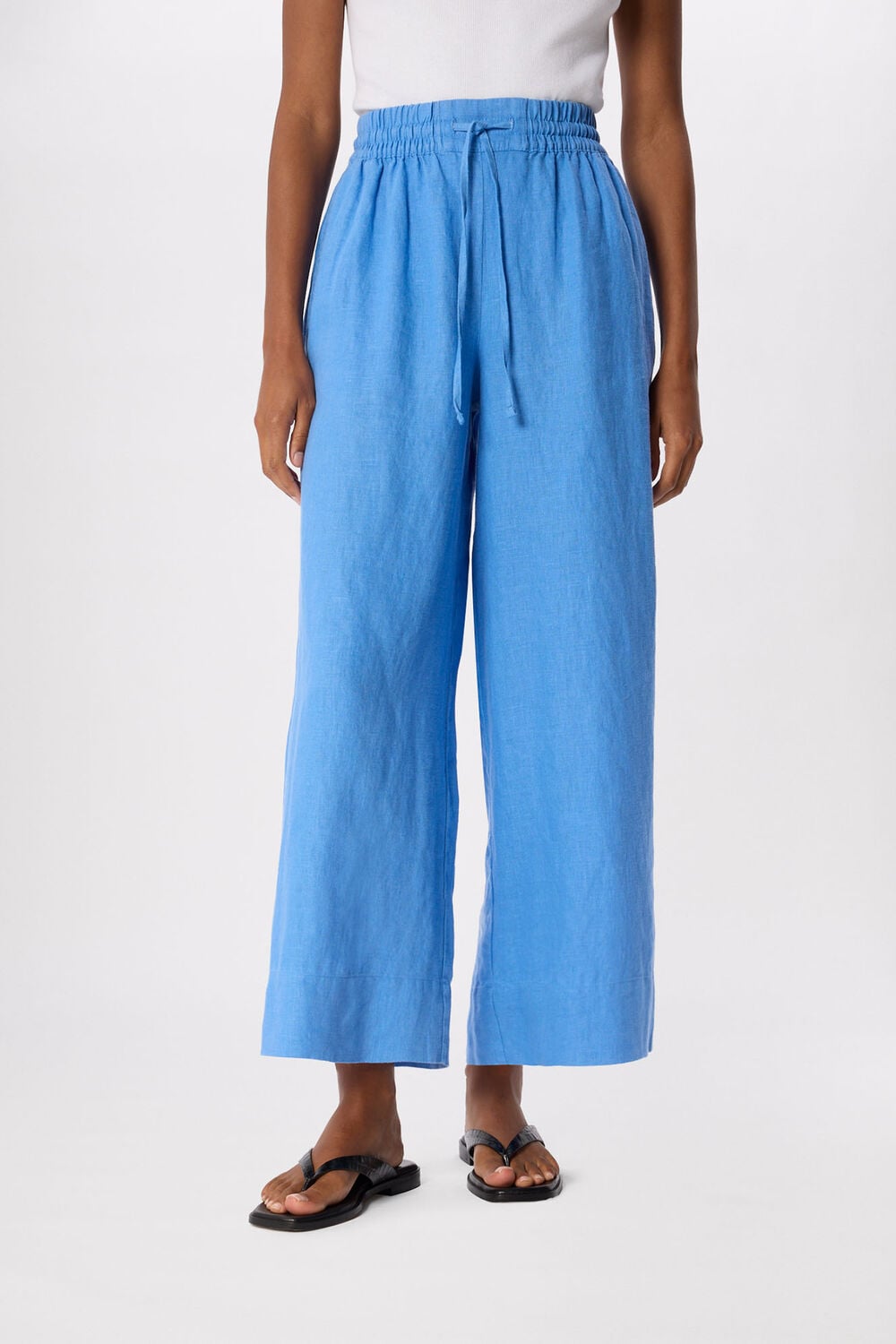 Blue Elasticated Linen Crop Trouser
