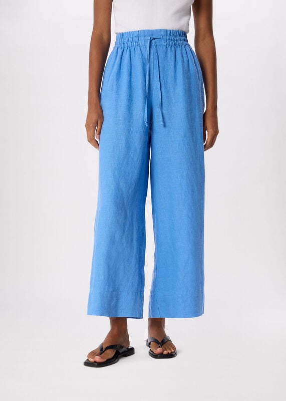 Blue Elasticated Linen Crop Trouser