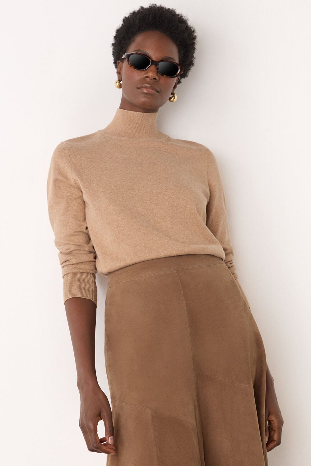 Camel Fine Wool Mix Funnel Neck Knit