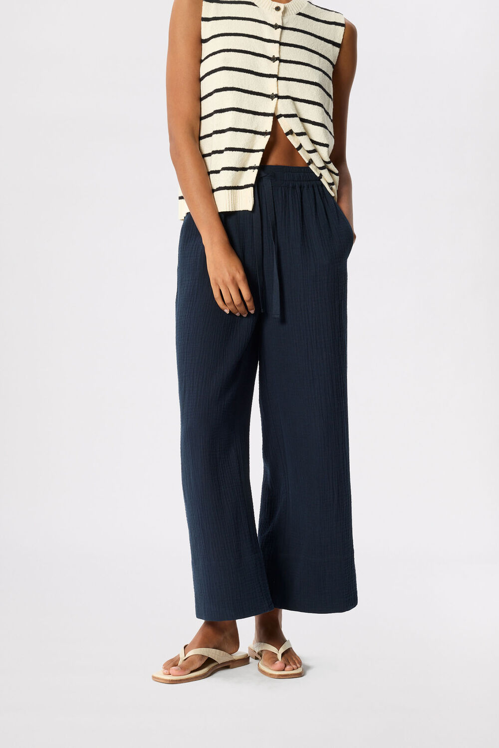 Navy Wide Crop Cheesecloth Trouser