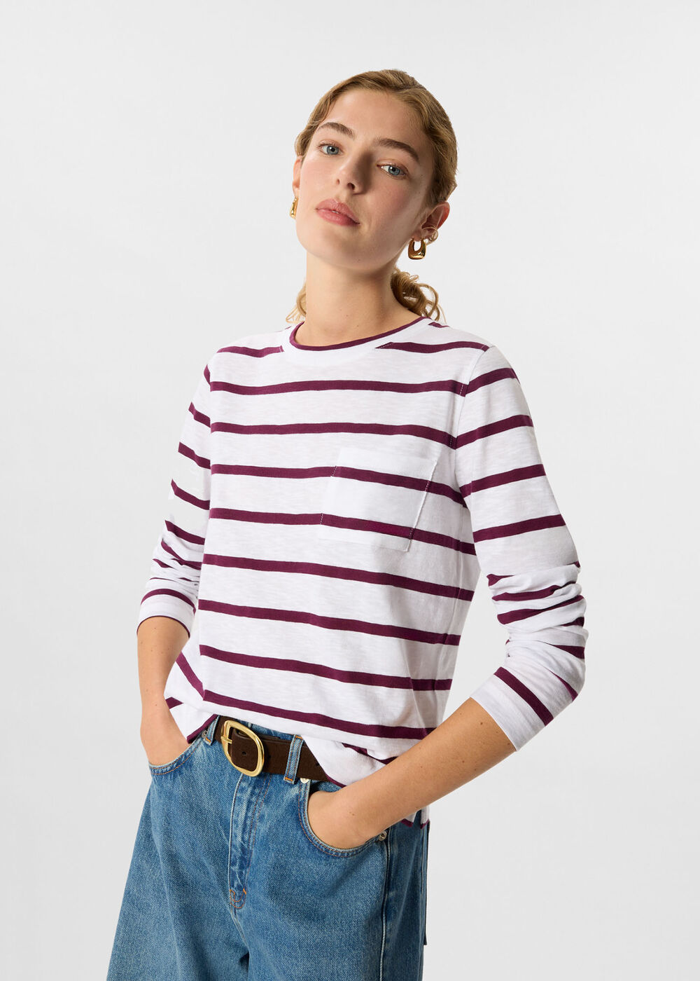 Stripe Crew Neck Pocket Top