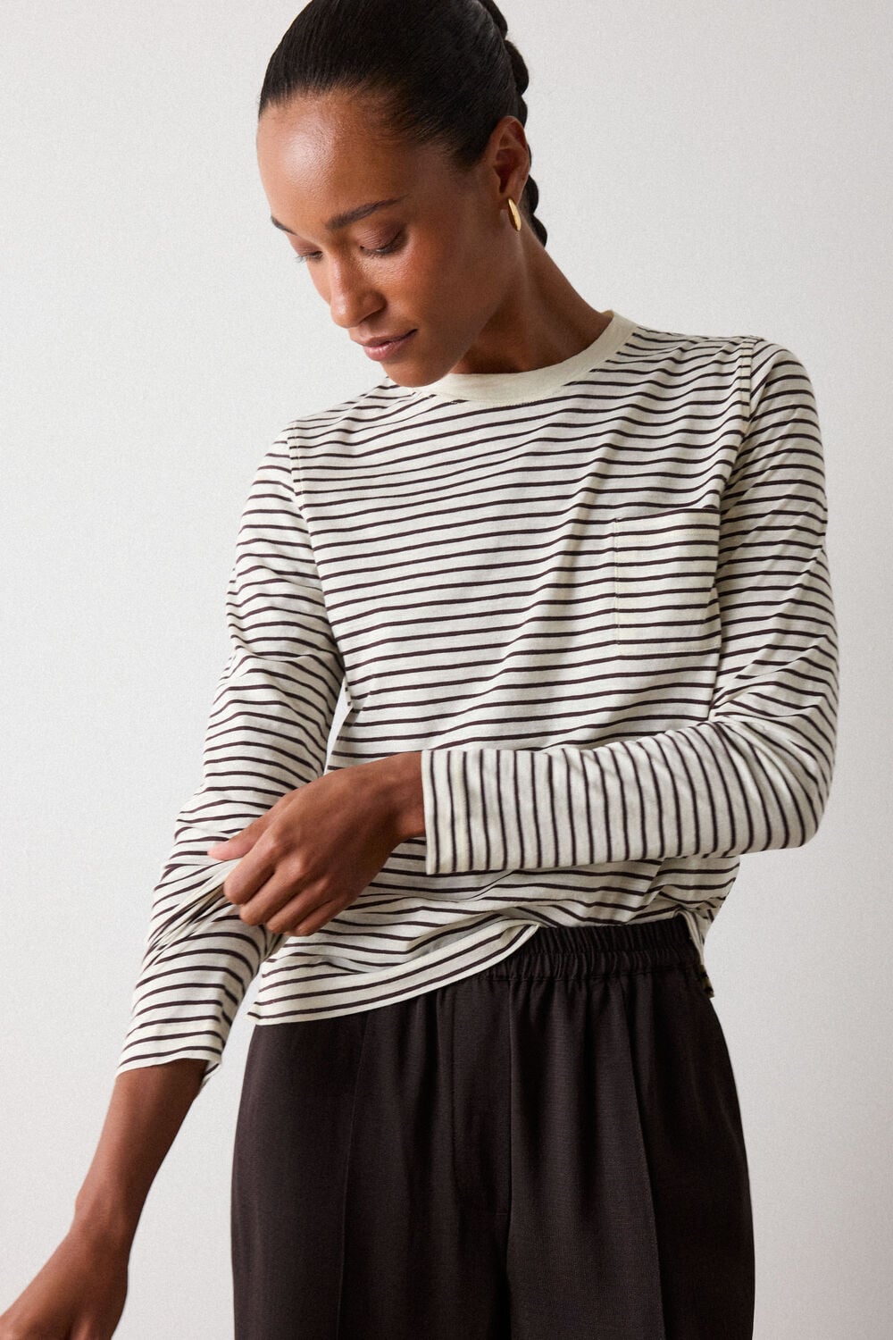 Brown Stripe Crew Neck Pocket Top