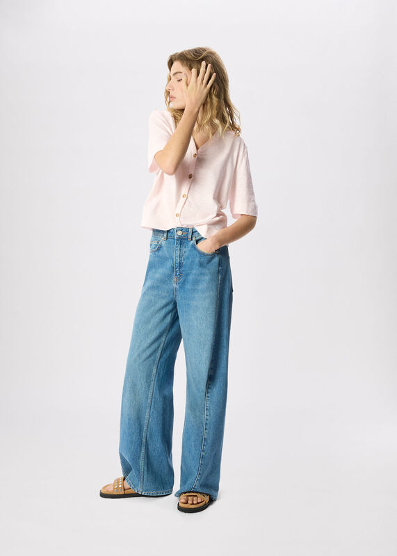 Pale Pink Ella V Neck Button Through Tee