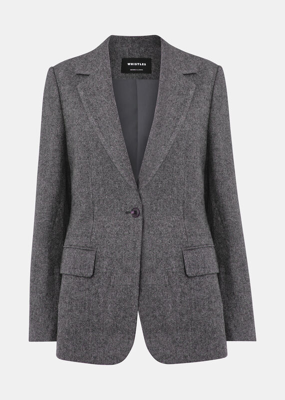 Grey Herringbone Wool Blend Blazer