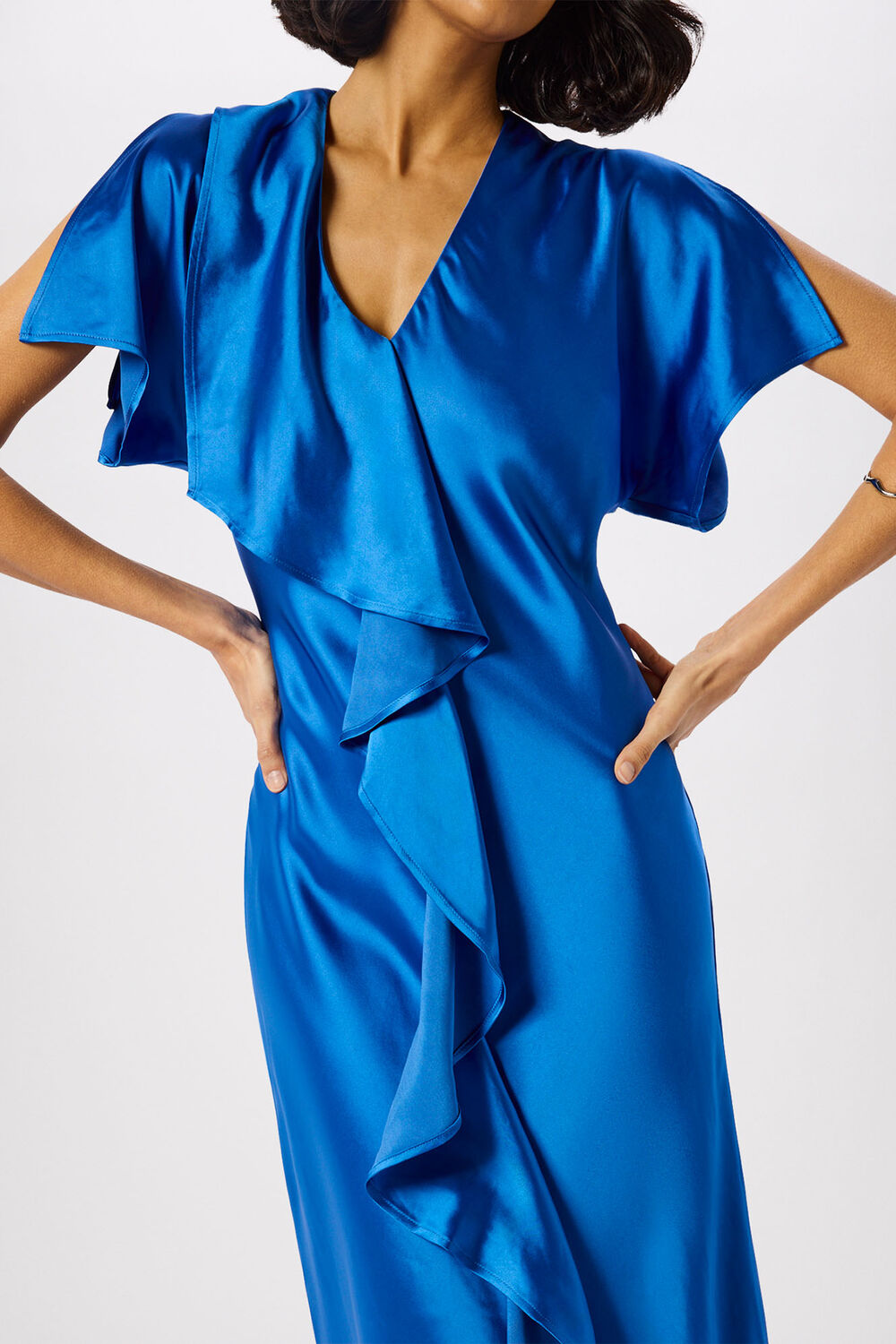 V Neck Ruffle Satin Dress