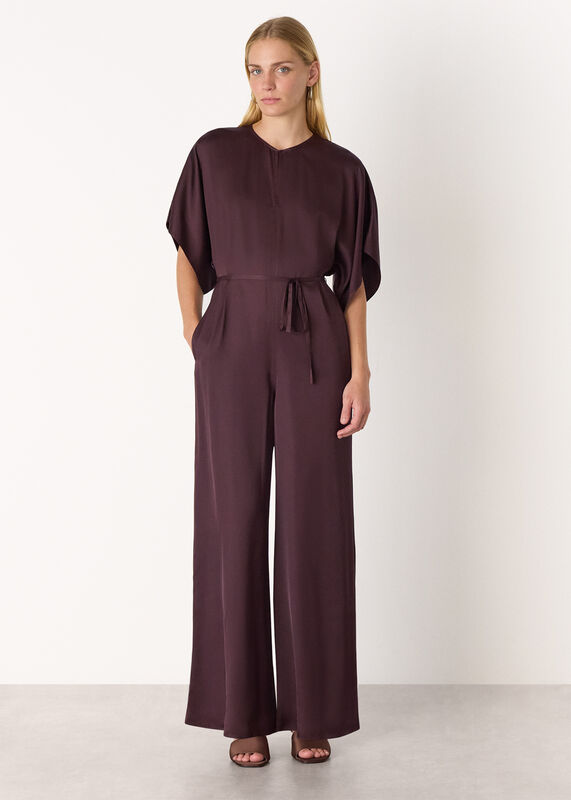 Burgundy Satin Short Sleeve Jumpsuit
