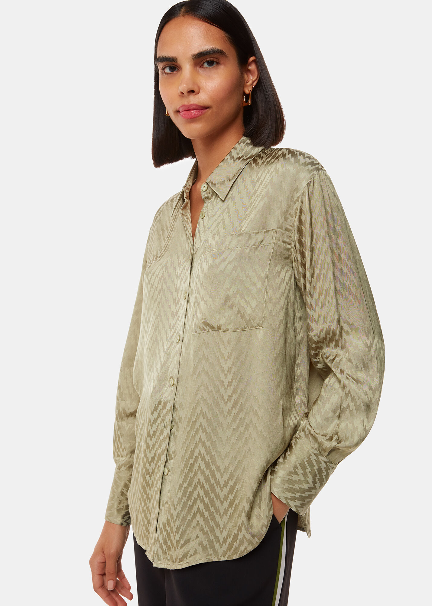 Khaki Jacquard Zig Zag Print Shirt | WHISTLES | Whistles US |