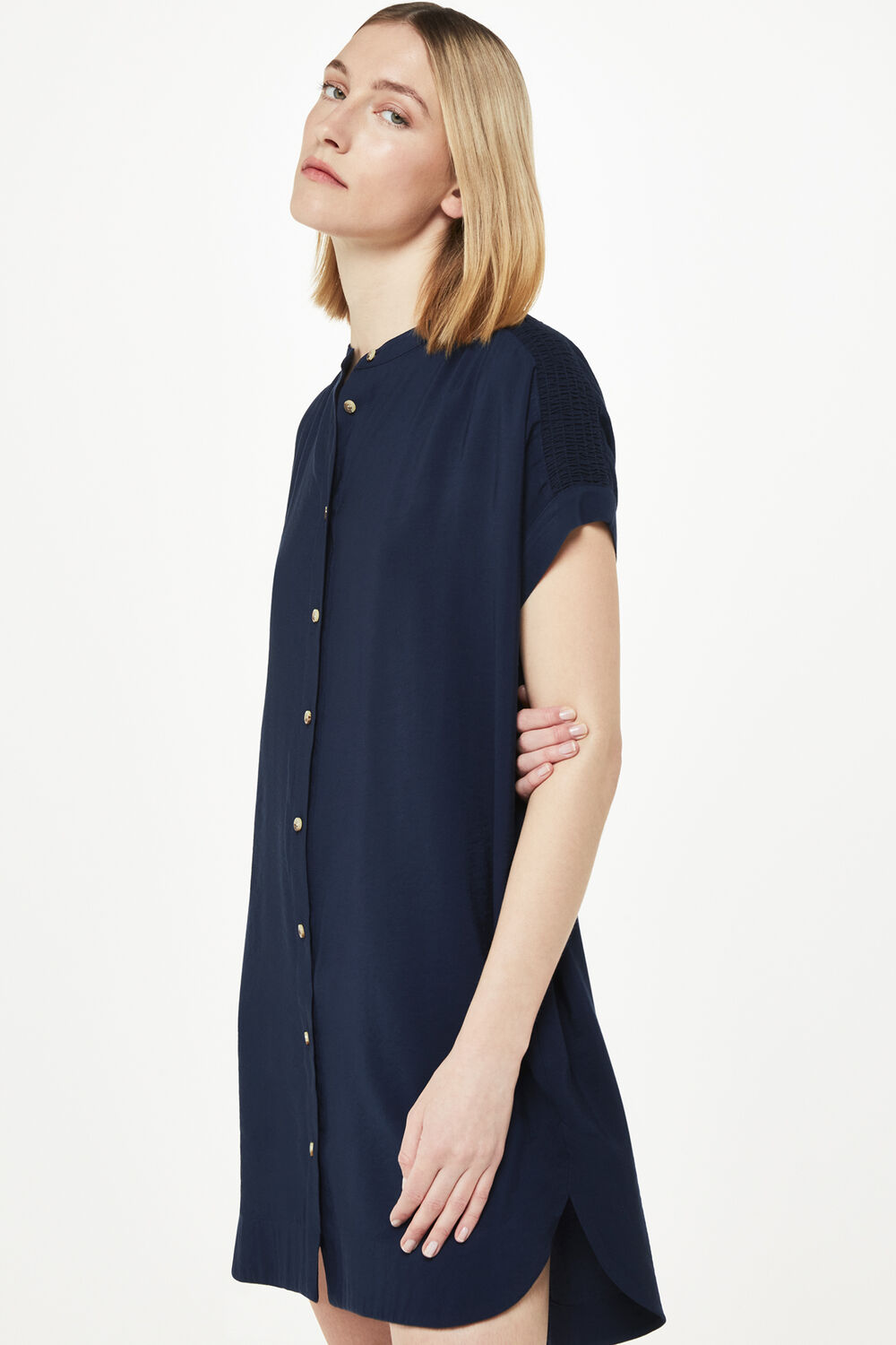 Navy Gathered Shoulder Mina Dress