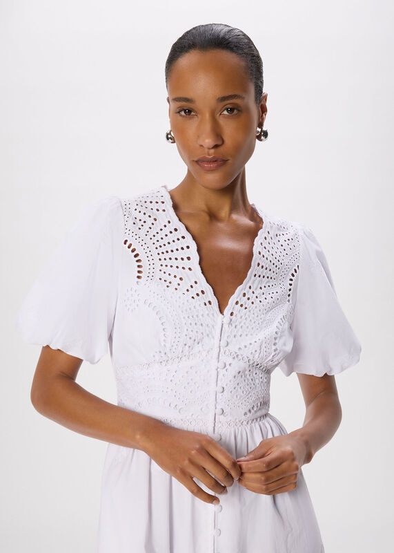 White Cotton Broderie V Neck Dress