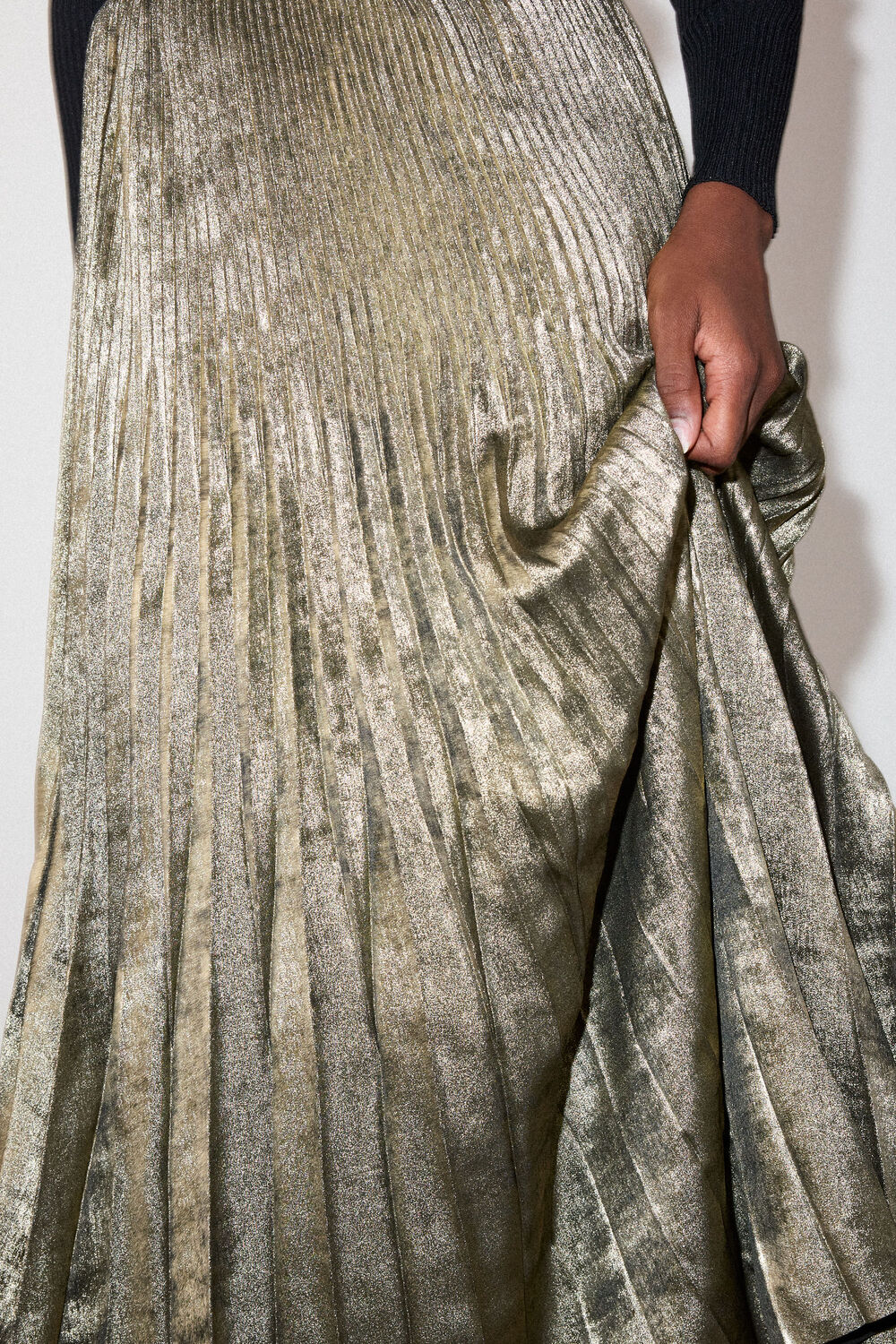 Gold Metallic Pleated Midi Skirt
