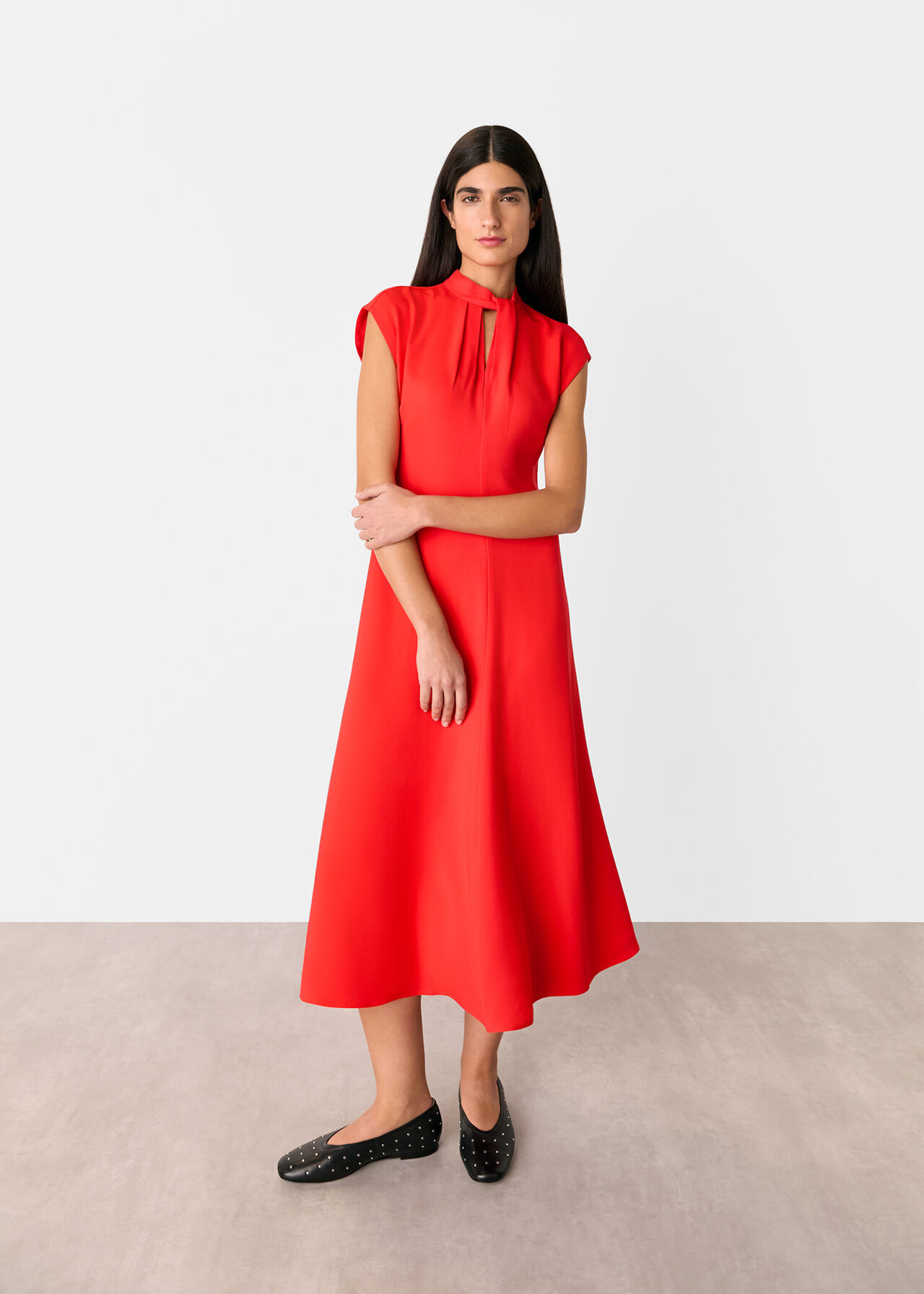 Twist Neck Crepe Midi Dress