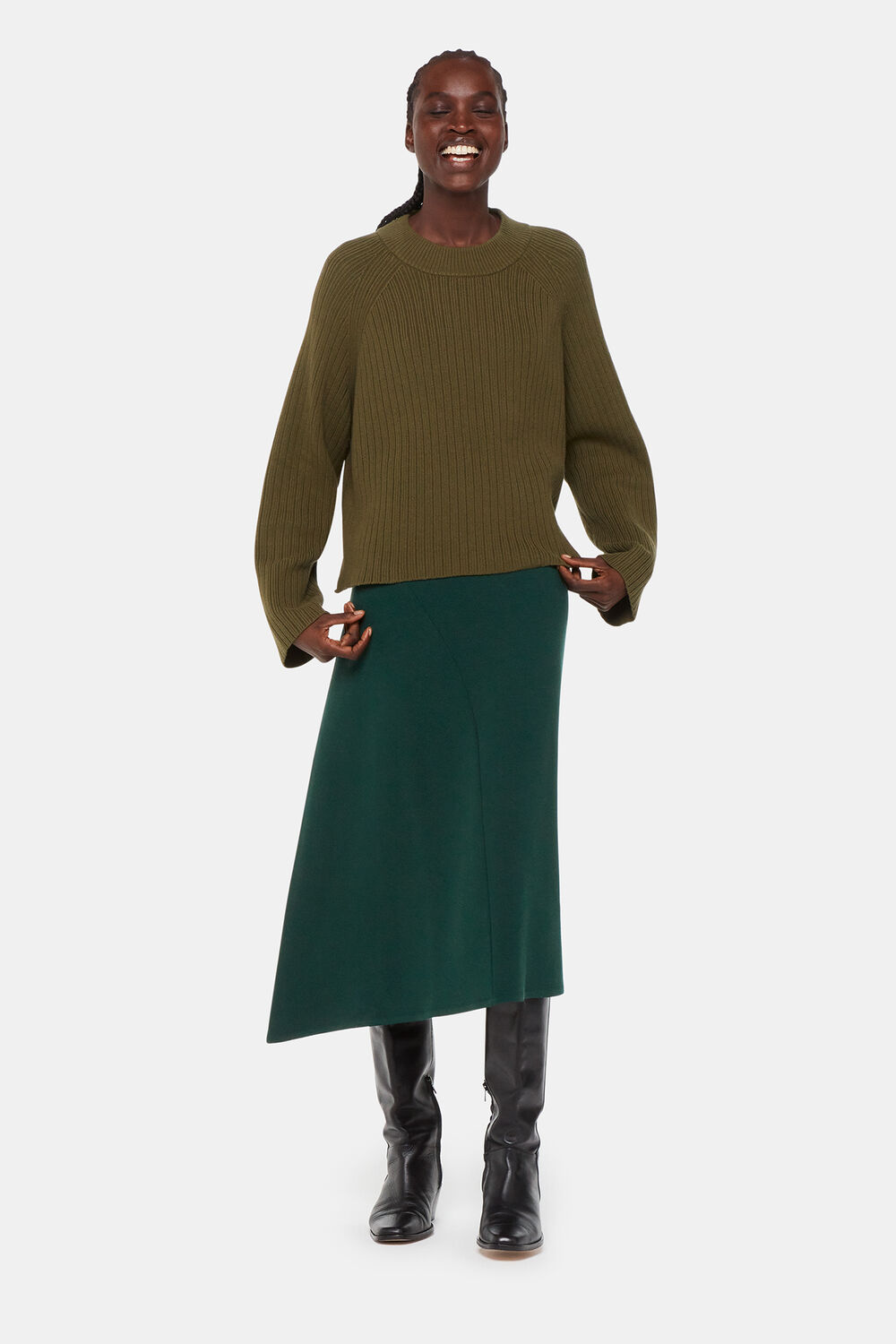 Forest Green Ottoman Rib Curved Hem Skirt