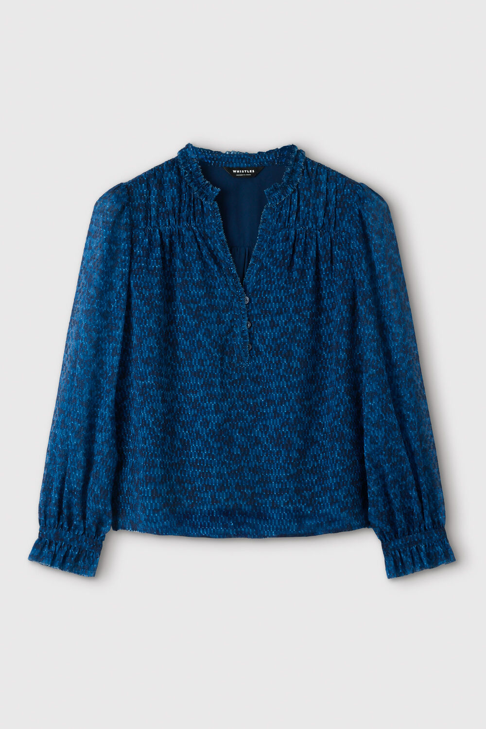 Blue Floral Textured V Neck Blouse