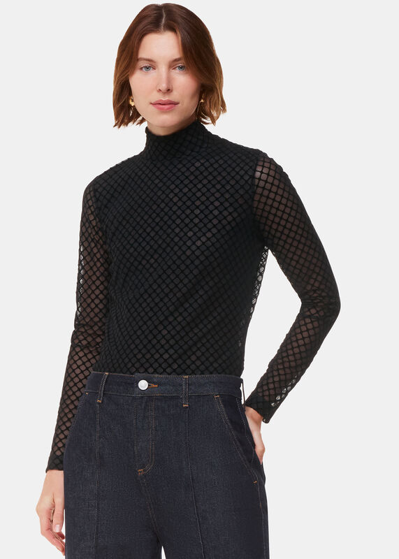 Black Checked Flocked Mesh Top
