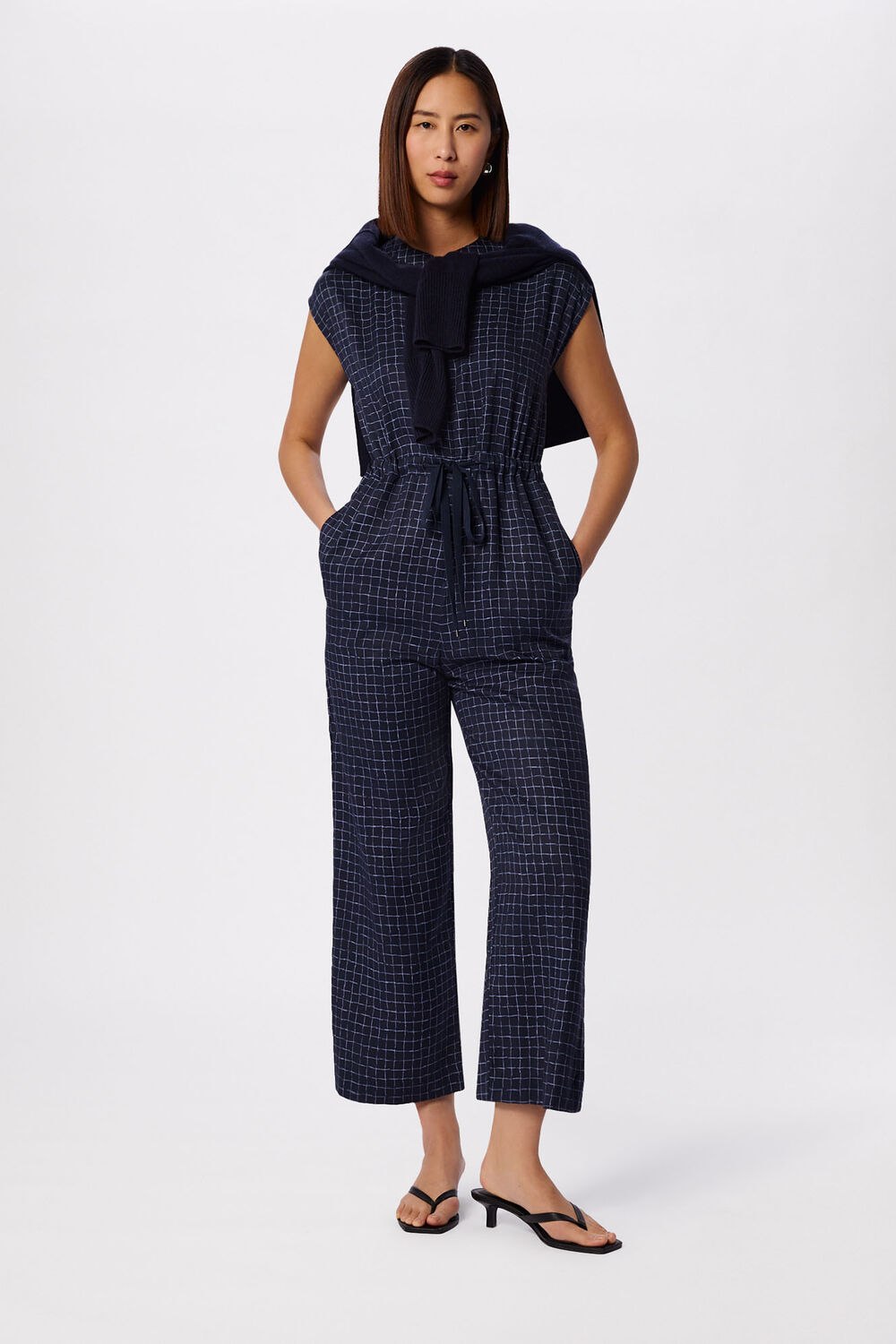 Blue Petite Grid Print Sleeveless Jumpsuit